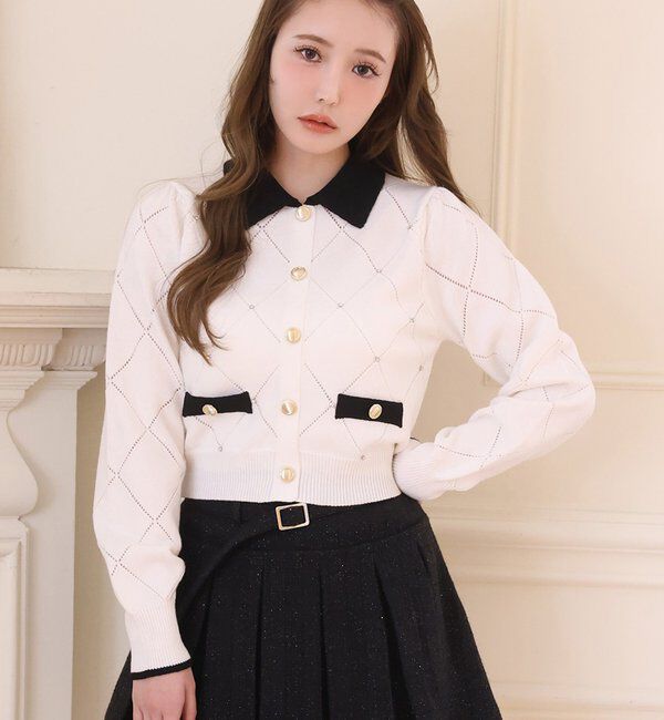  「配色ビジュー付ポロニット」|ニット・セーター|オフホワイト