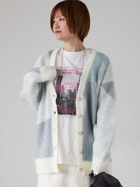 Lugnoncure「起毛ジャカードパッチワーク風Vネックカーディガン」|カーディガン|ブルー