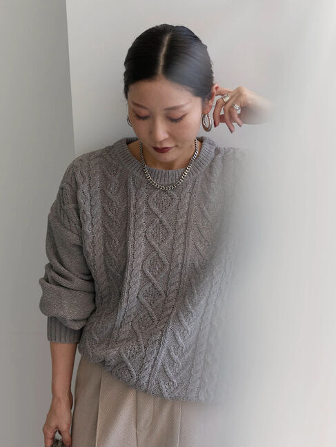 Samansa Mos2 blue「ラメモールケーブルニットプルオーバー」|ニット・セーター|