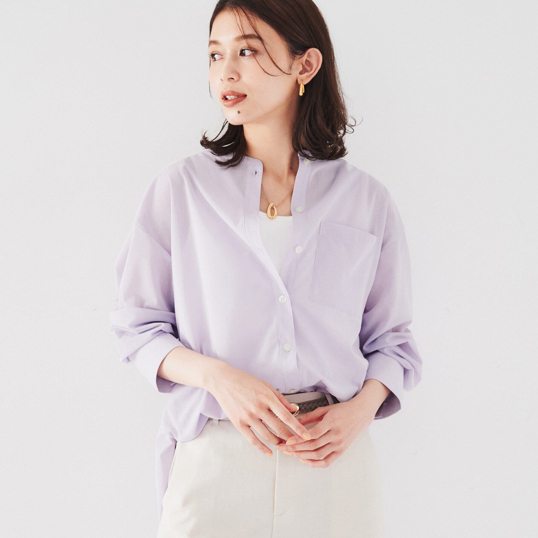 UNTITLED「【ゆったりシルエット/シアー】トリコットバンドカラーシャツ」|シャツ・ブラウス|