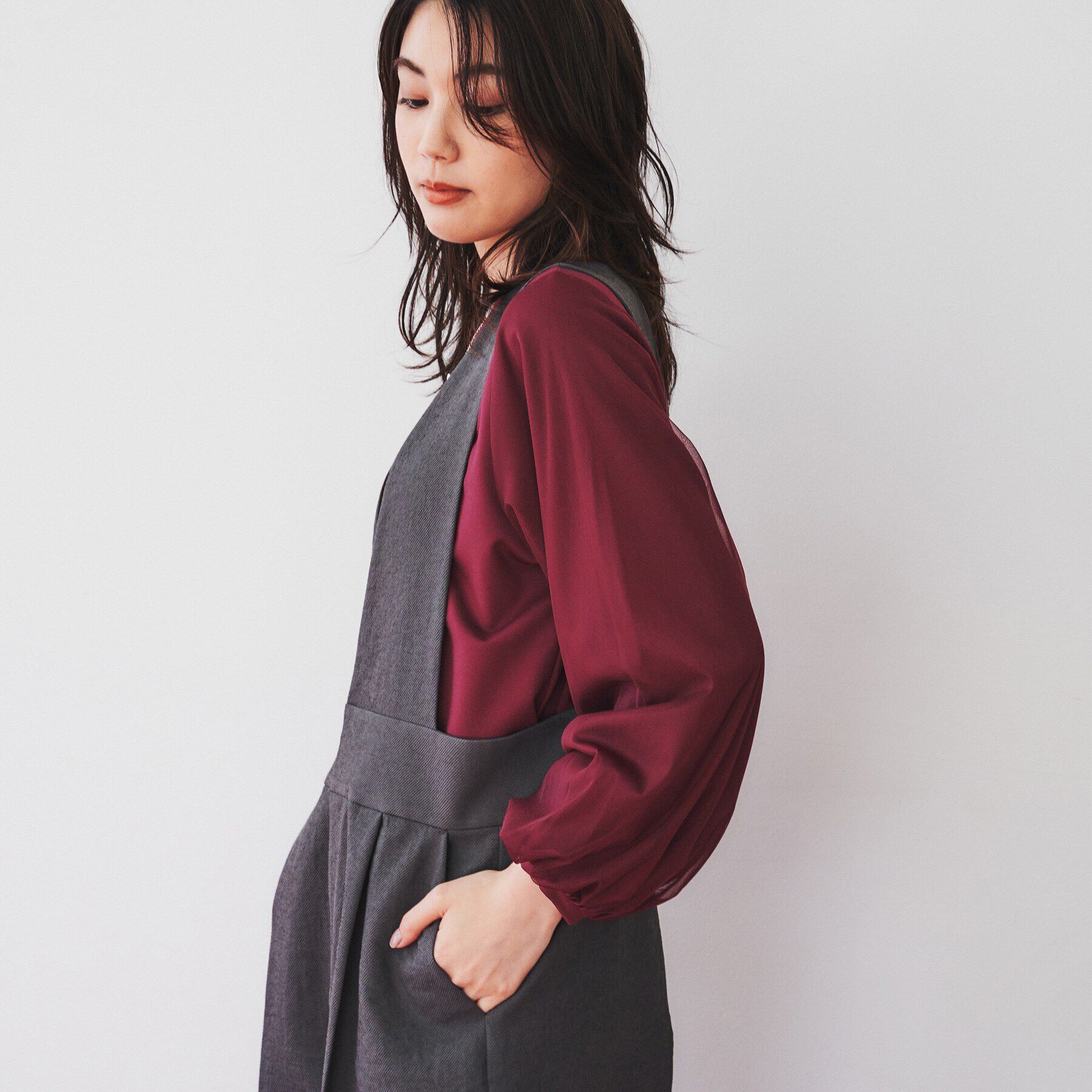 UNTITLED「【洗える/すっきり丈/きれいめ】ストレッチポンチ袖チュールカットソー」|Tシャツ・カットソー|