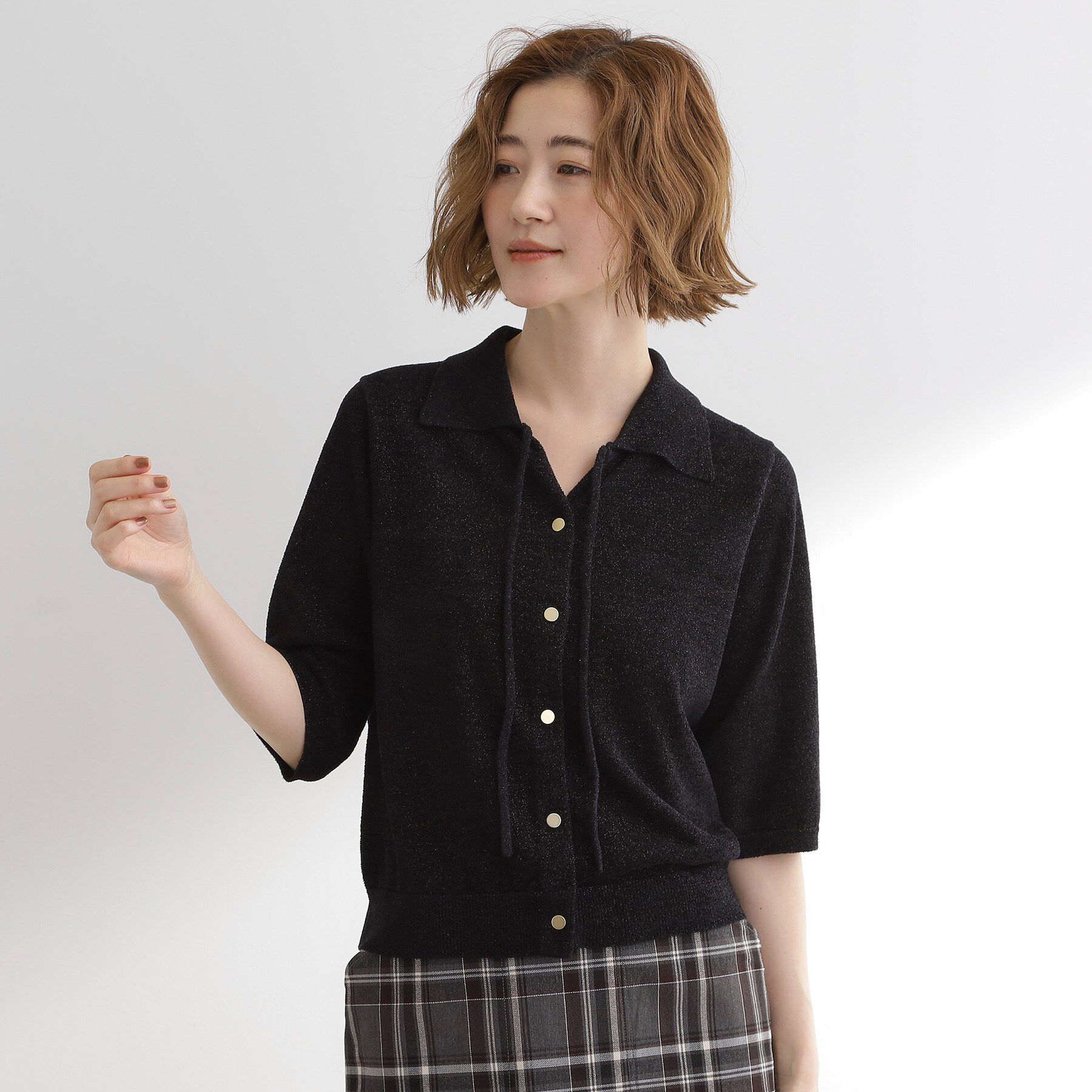 grove「華やぐラメモールで秋先取り　衿付きプルオーバーニット」|ニット・セーター|ブラック(019)