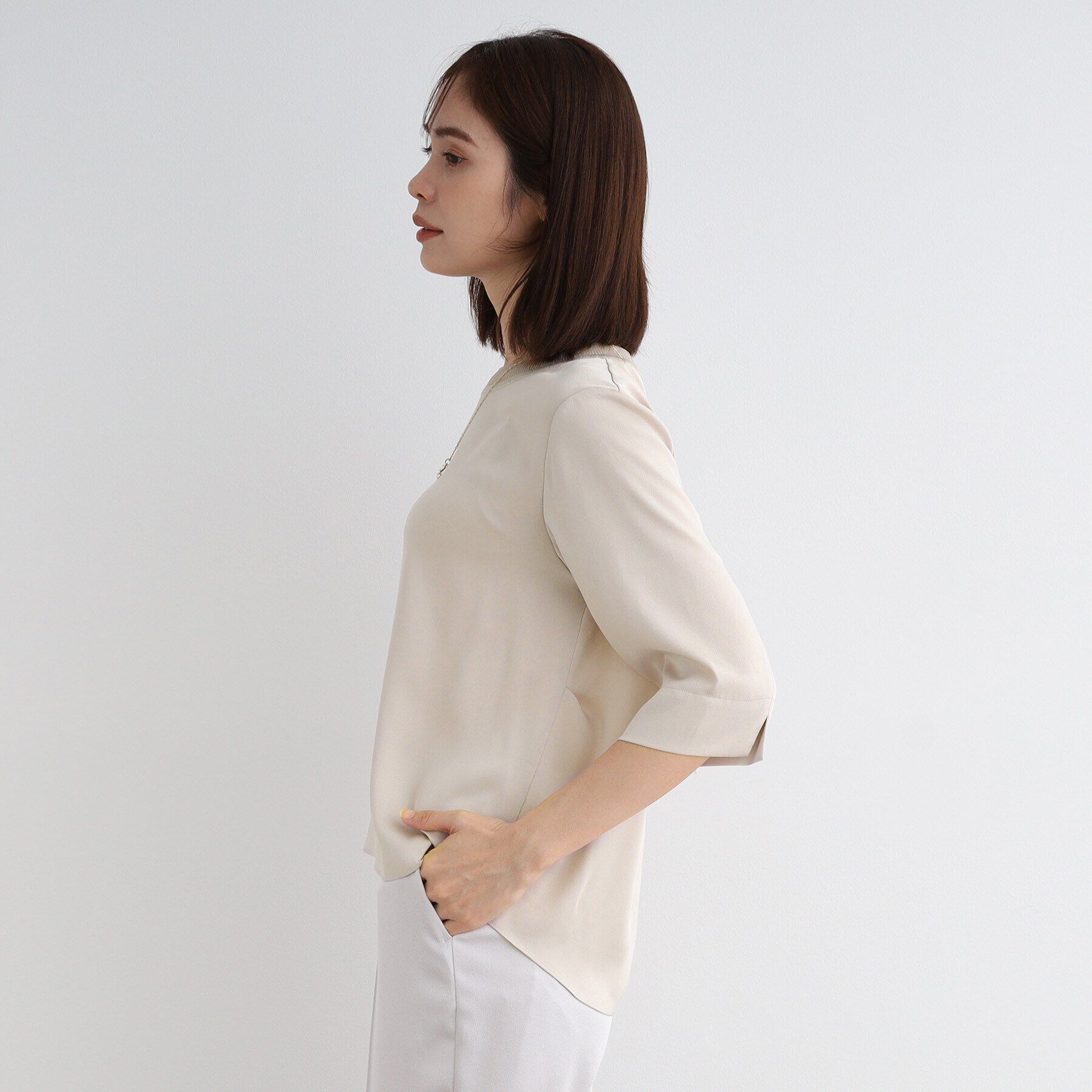 INDIVI「【洗える／5分袖】リブデザインドレープブラウス」|シャツ・ブラウス|