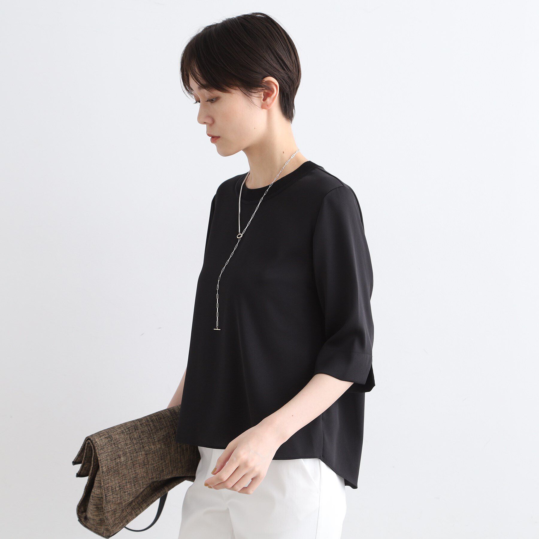 INDIVI「【洗える／5分袖】リブデザインドレープブラウス」|シャツ・ブラウス|