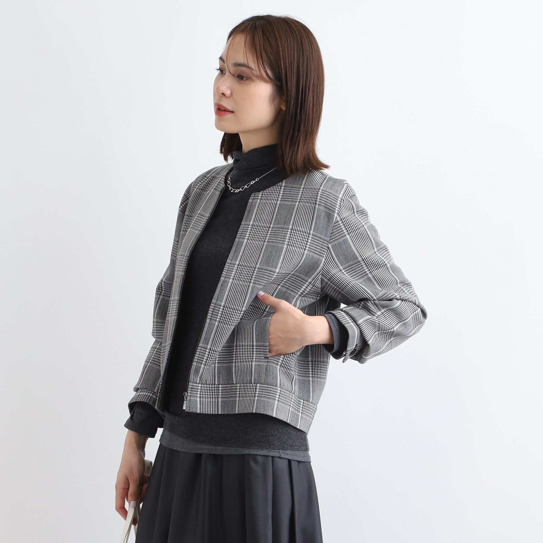 INDIVI「【洗える／UVケア】グレンチェック柄リバーブルゾン」|ブルゾン・スタジャン|