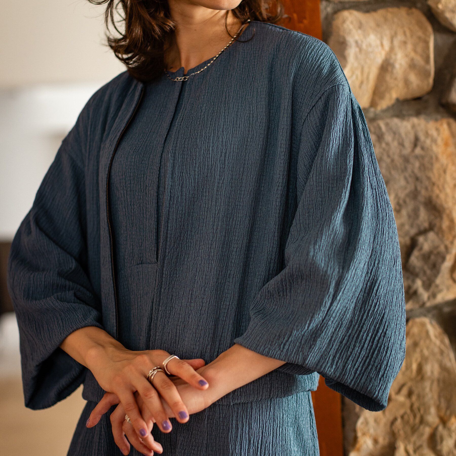 INDIVI「【洗える/UVケア/SETUP可能】バルーンスリーブブルゾン」|ブルゾン・スタジャン|ブルー(092)