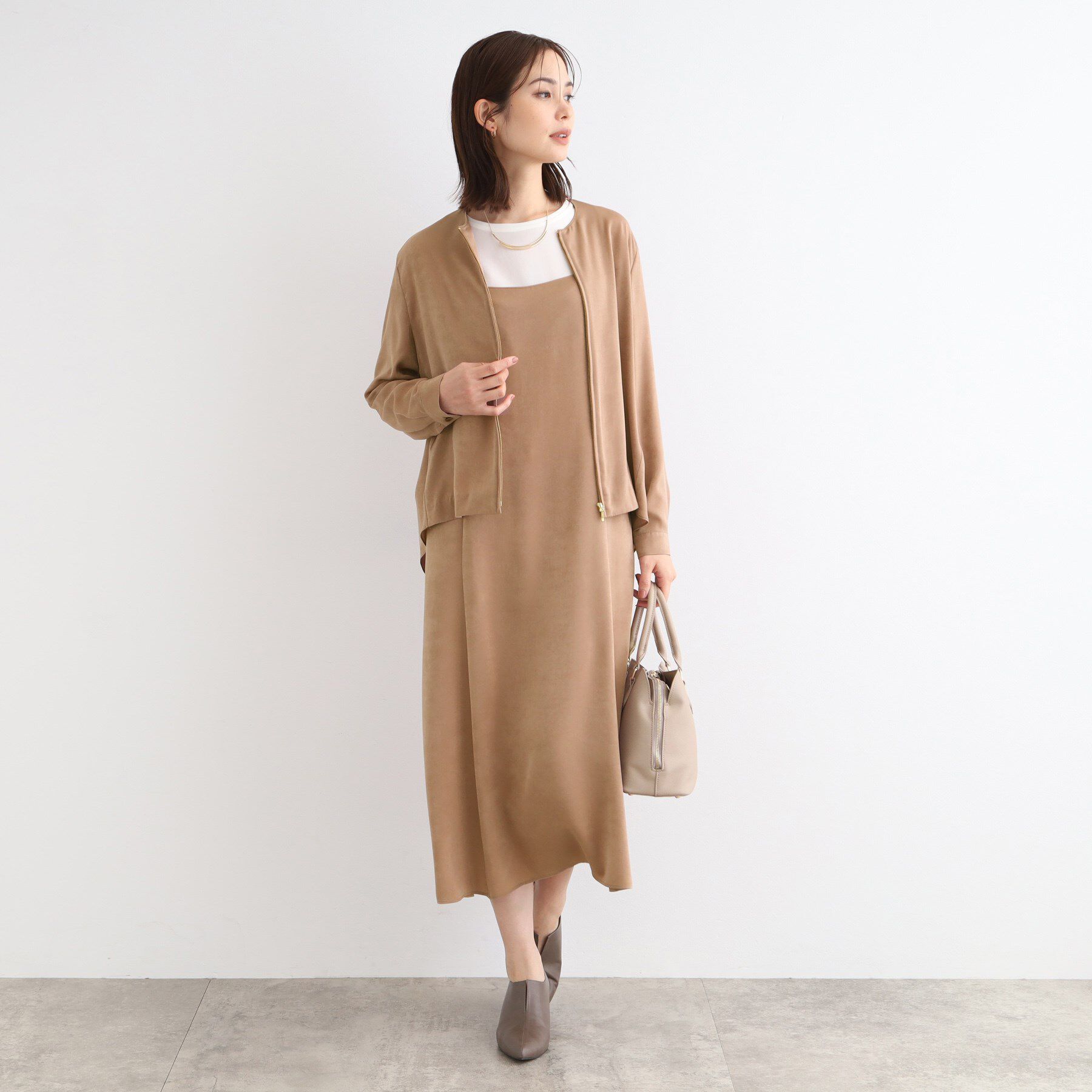 INDIVI「【洗える／UVケア】スエード調サテンキャミワンピース」|ワンピース|