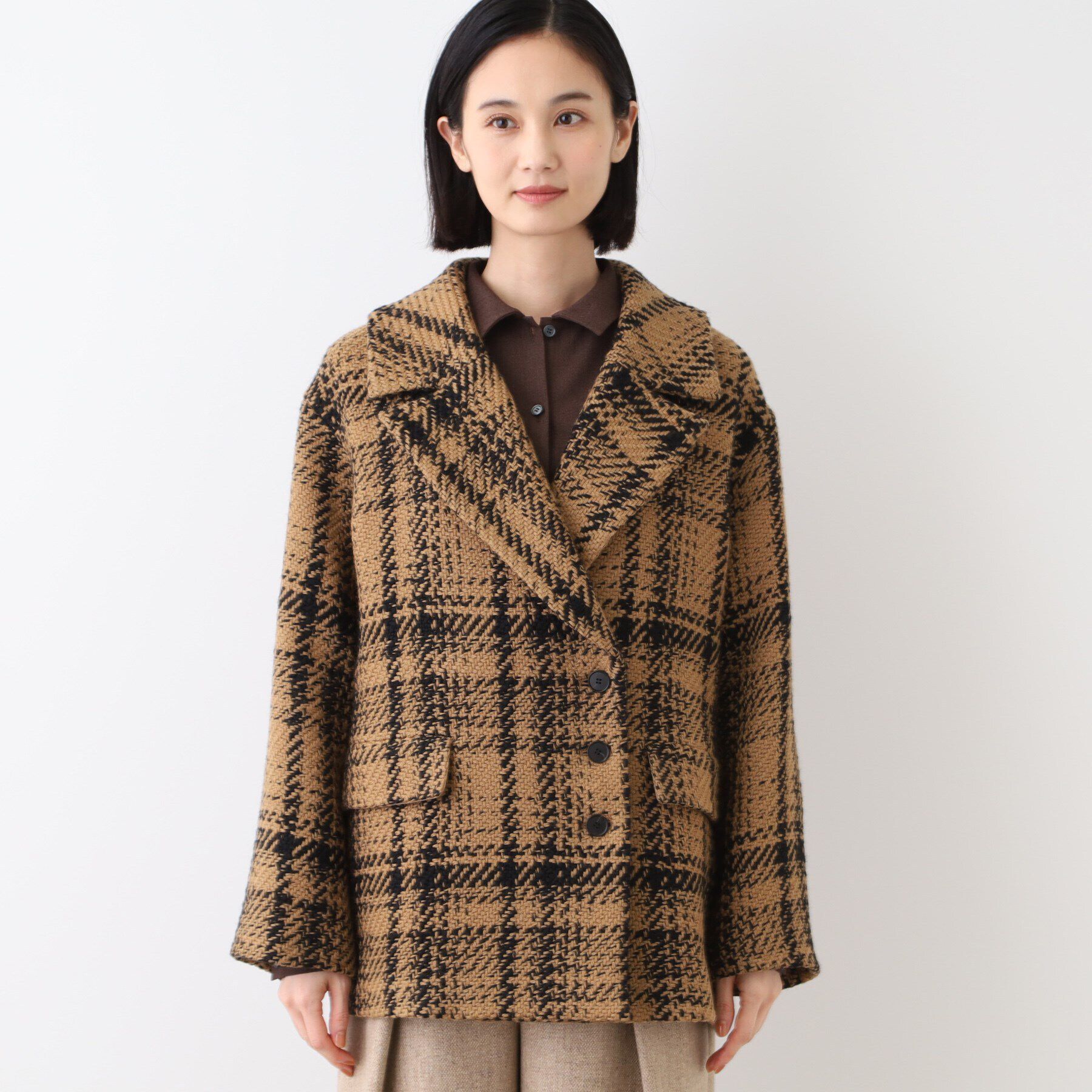 INDIVI「【日本製】ビッグチェック柄ショートコート」|チェスターコート|