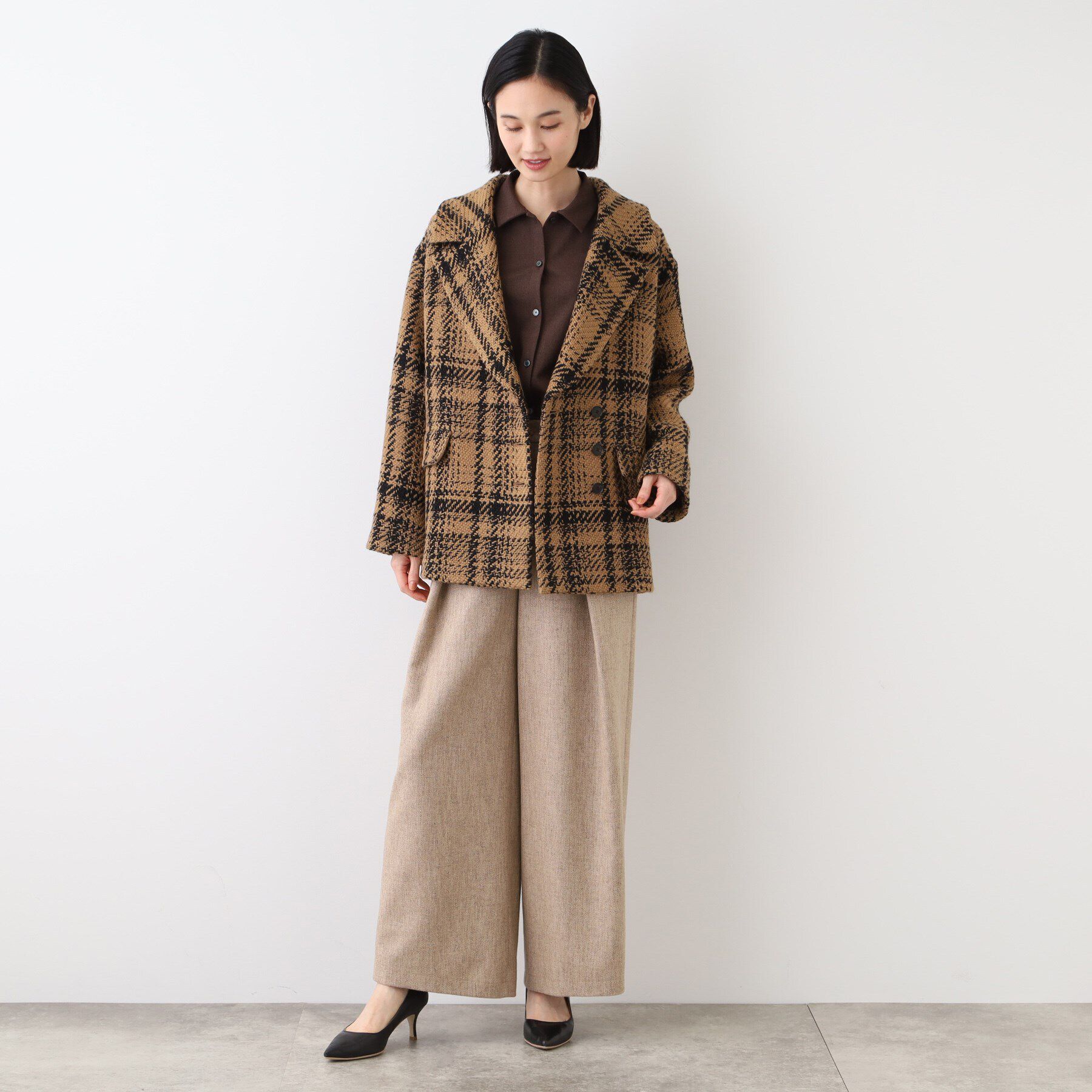 INDIVI「【日本製】ビッグチェック柄ショートコート」|チェスターコート|