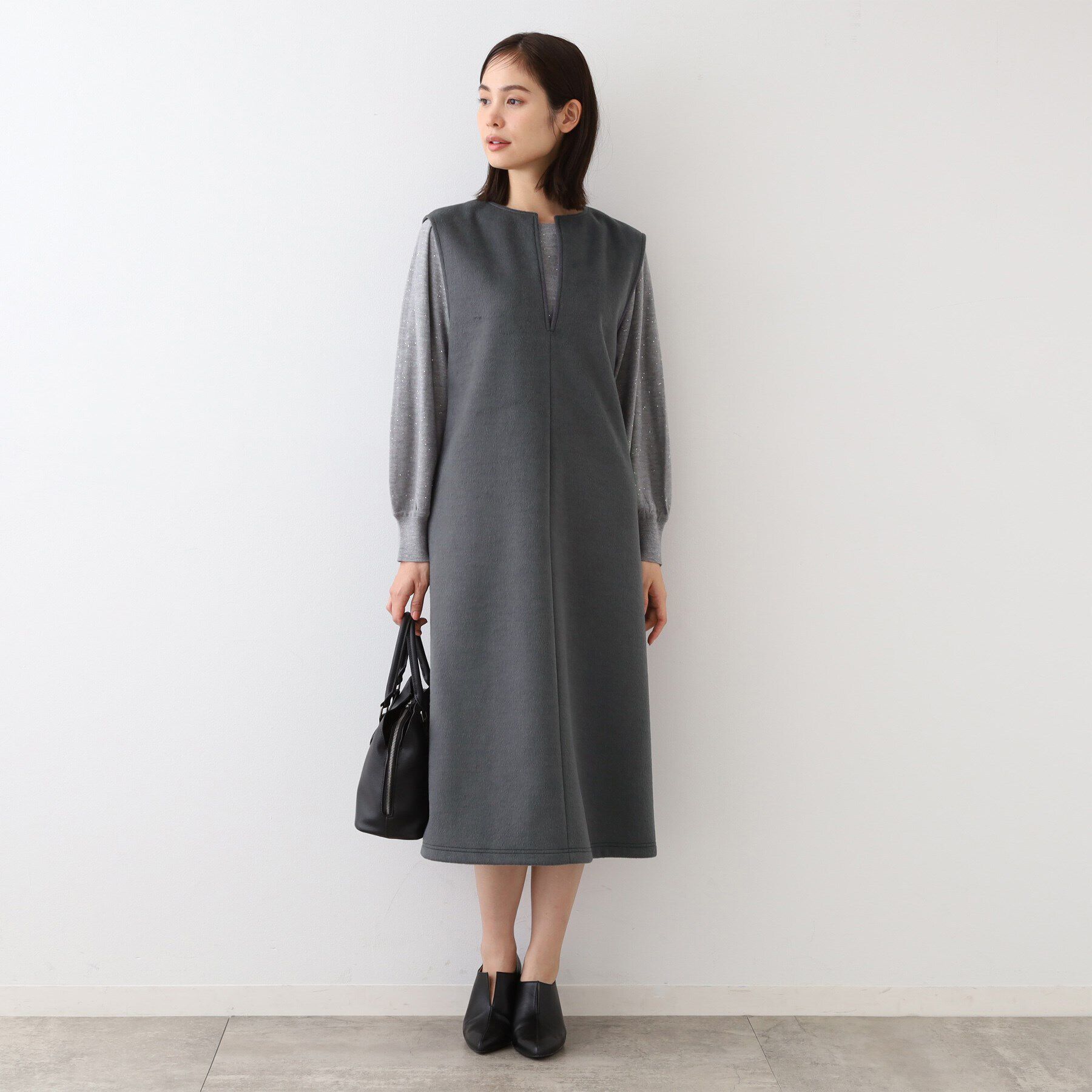 INDIVI「【日本製】ヘアリーキーネックジャンパードレス」|ワンピース|