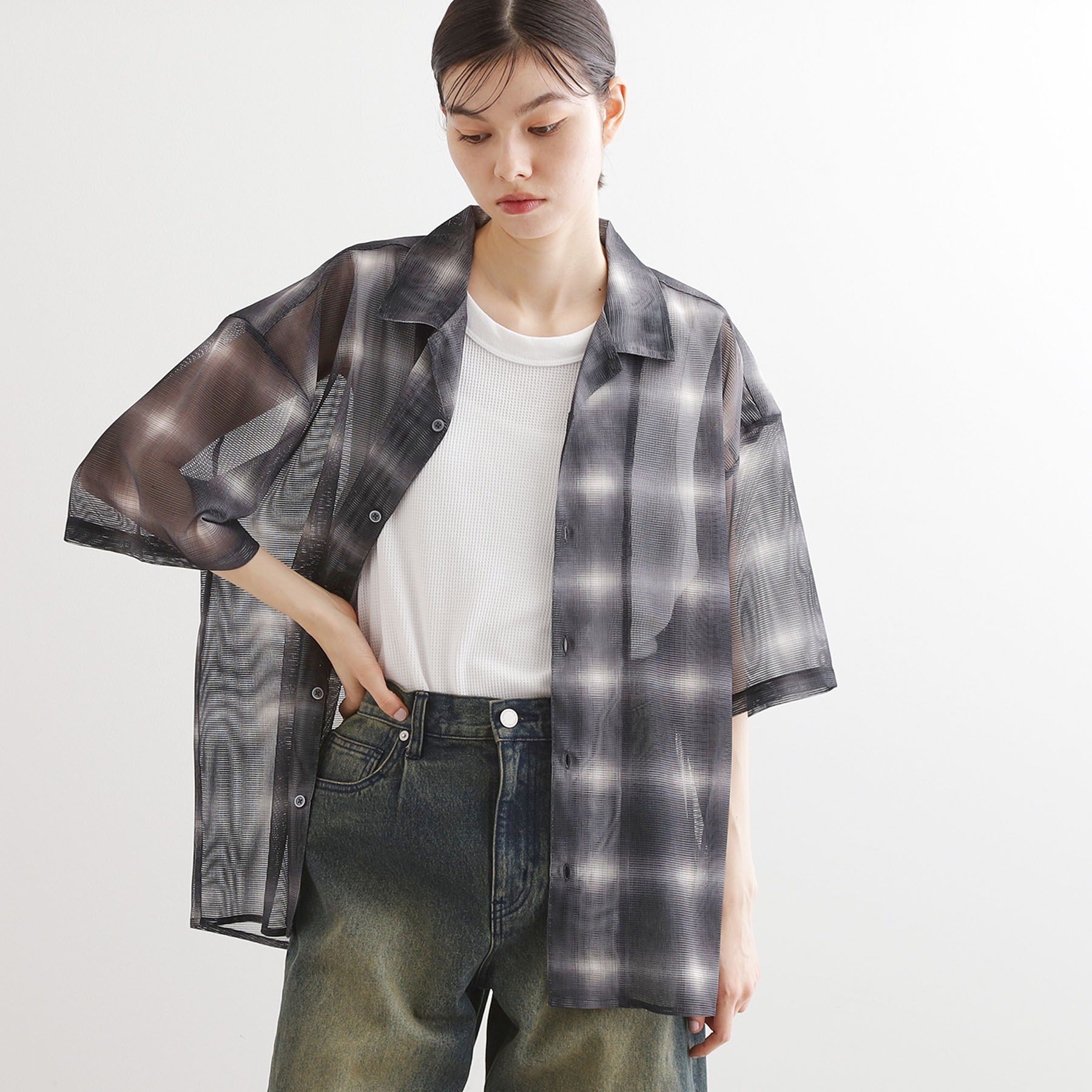 tk.TAKEO KIKUCHI「メッシュオンブレ―チェックシャツ」|シャツ・ブラウス|ブラック(219)