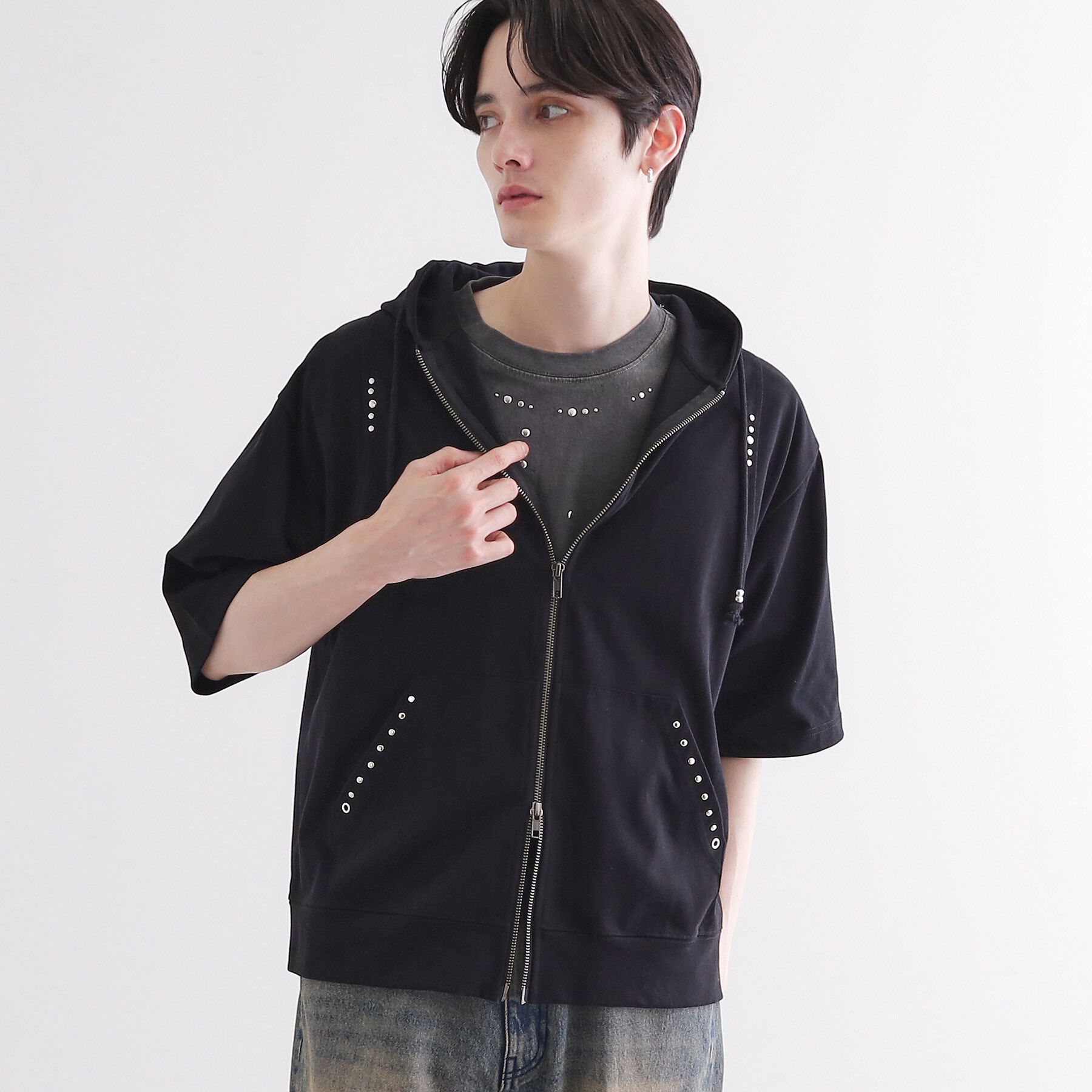 tk.TAKEO KIKUCHI「スタッズ ダブルZIPパーカ」|パーカー|ブラック(019)