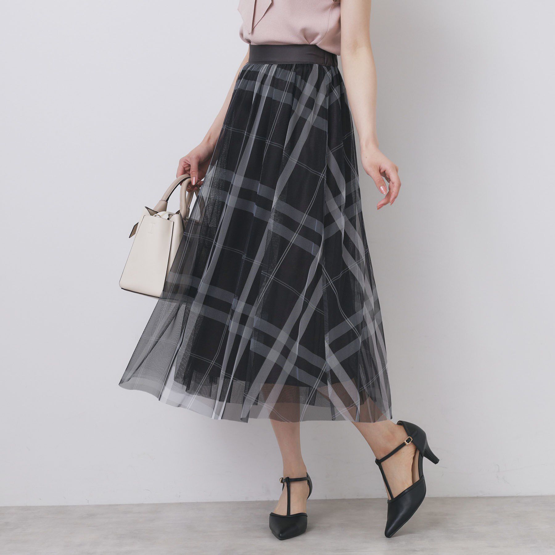 index「チュールラメチェックフレアスカート【洗濯機洗い可/防シワ】」|スカート|ブラック(219)