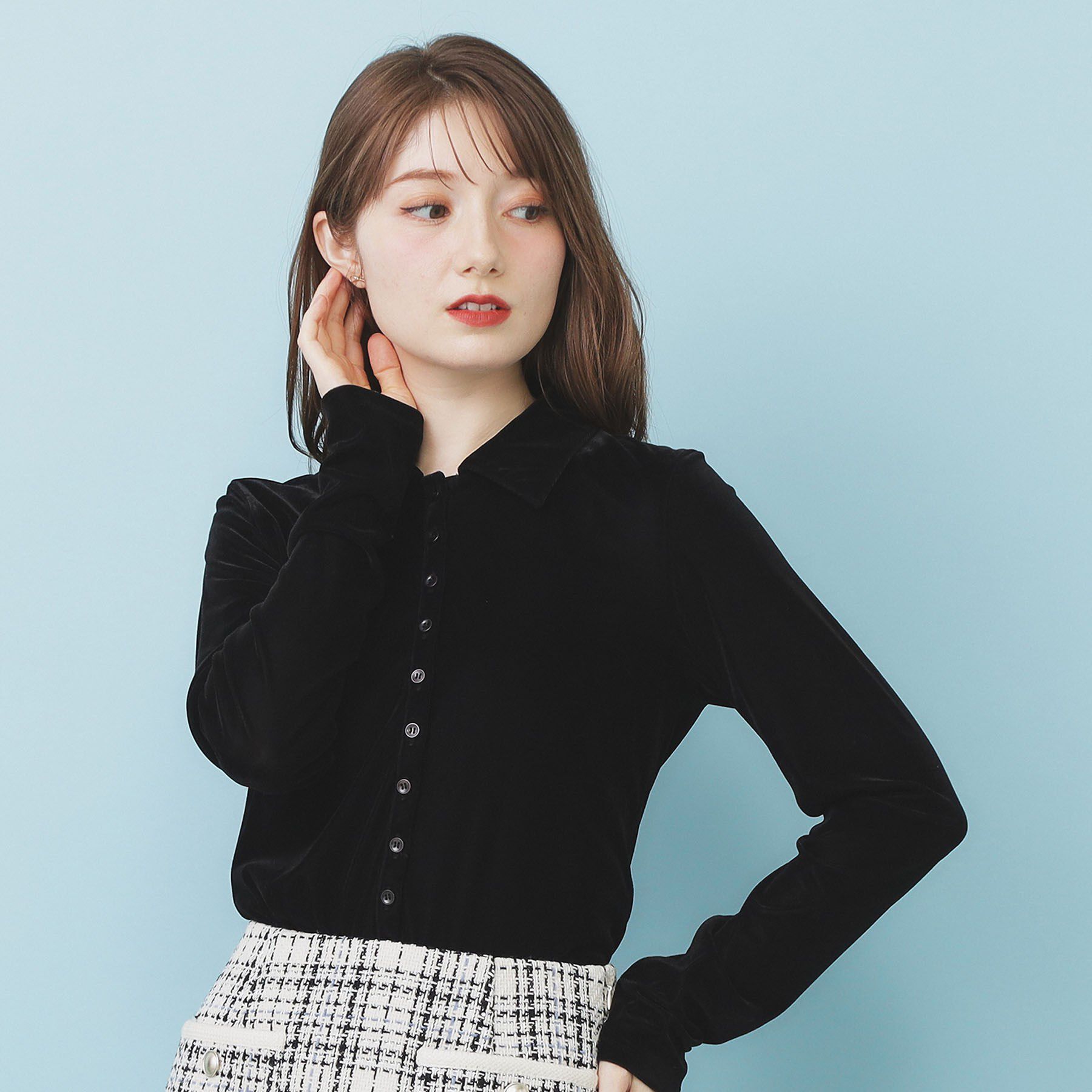 index「衿付きベロアジャージトップス【洗濯機OK】」|Tシャツ・カットソー|ブラック(019)