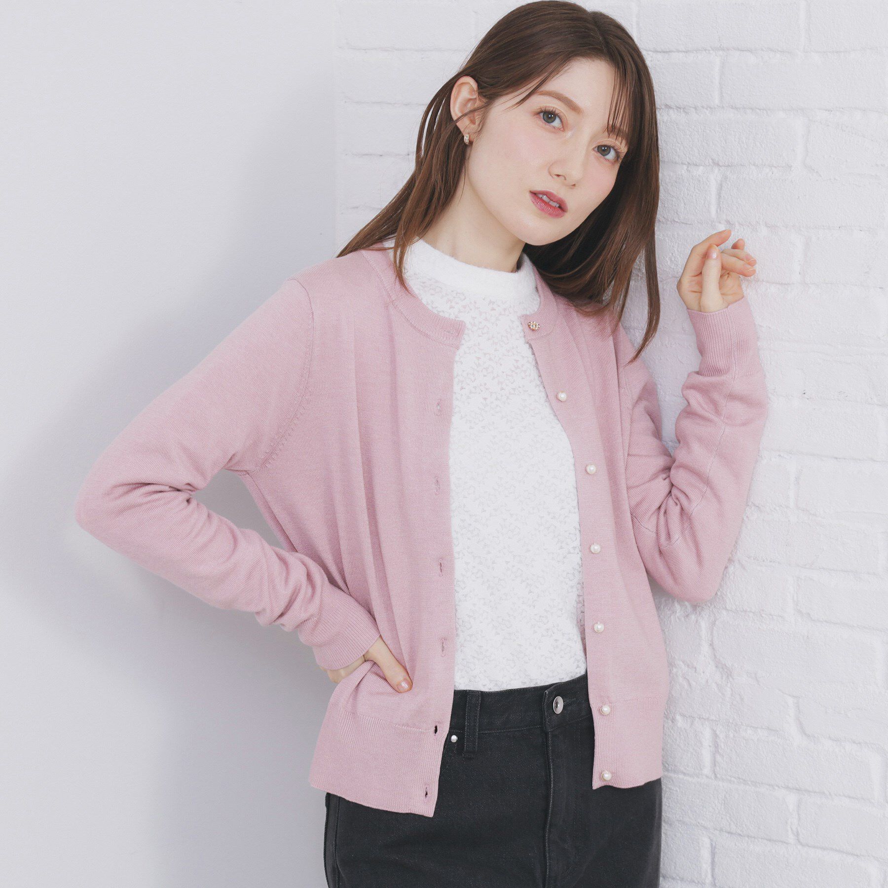 index「ビジュークルーネックカーディガン【洗濯機OK】《7col/XS～LL》」|カーディガン|ライトピンク(870