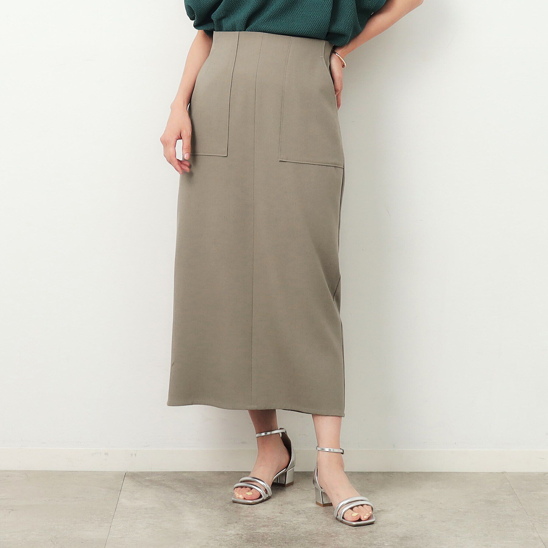 OPAQUE.CLIP「麻混ストレッチタイトスカート【洗濯機洗い可】」|スカート|カーキ(027)