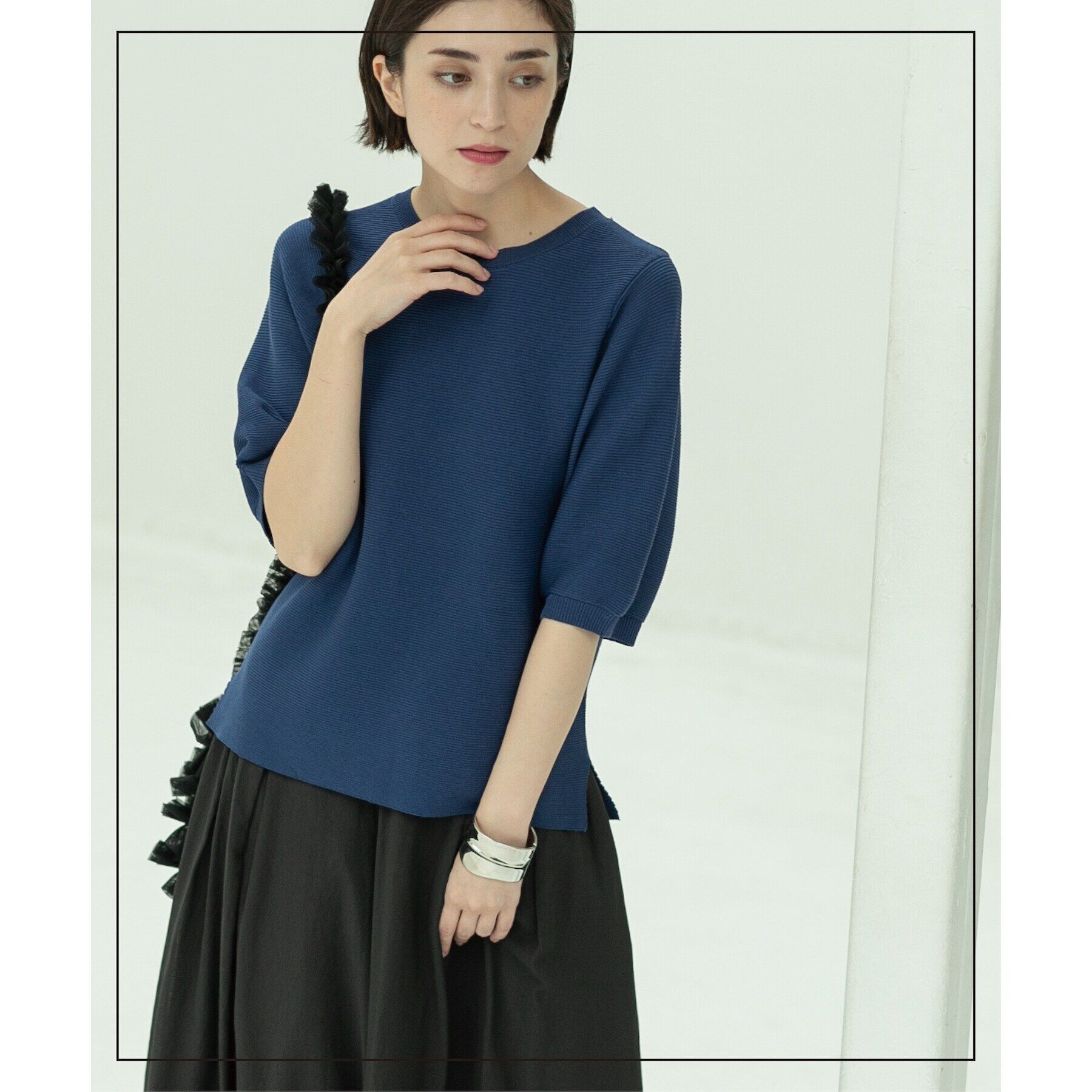 OPAQUE.CLIP「《6color/S-LLsize》ガーターボリュームスリーブニット【洗濯機洗い可/UVケア】」|ニット・セーター|ブルー(093)