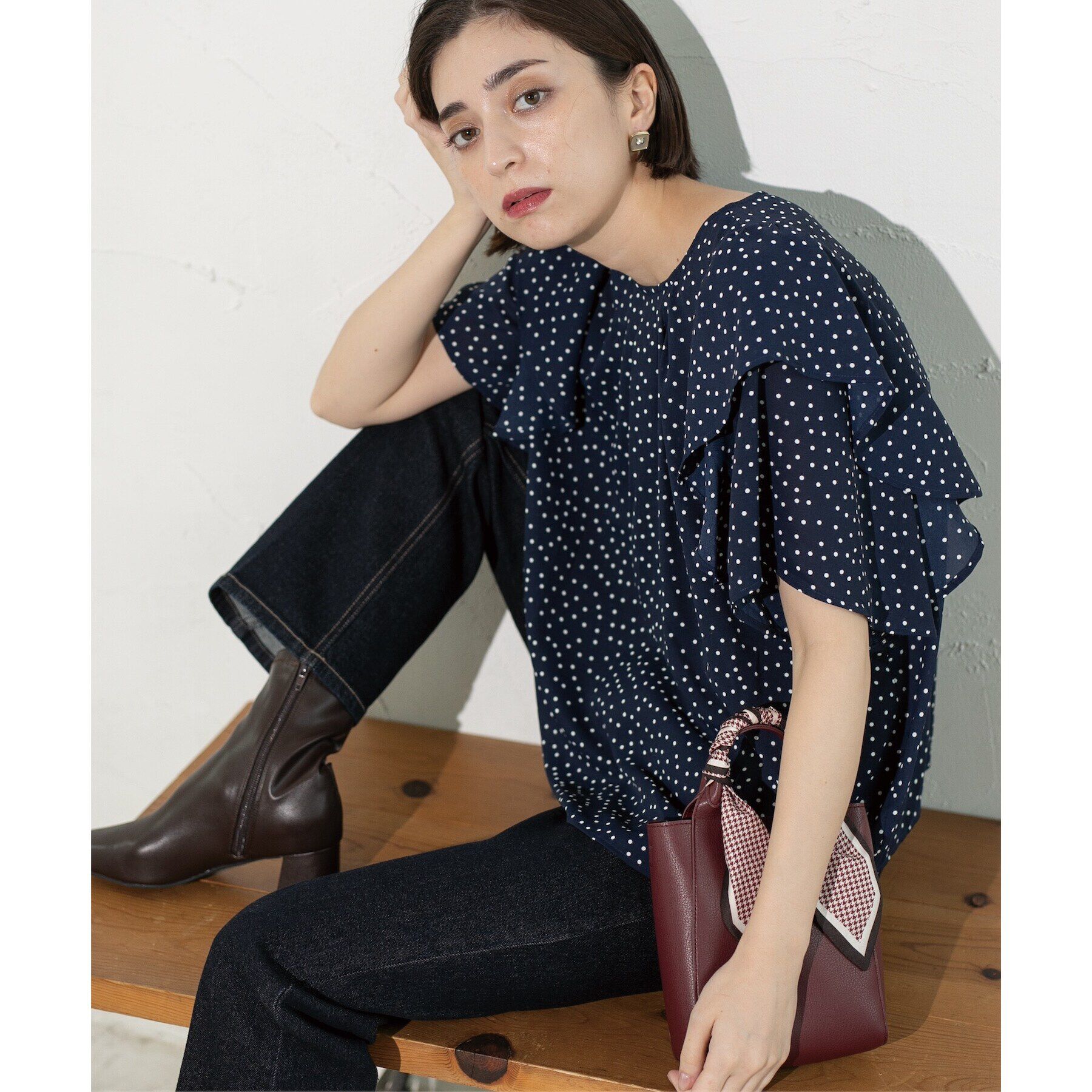 OPAQUE.CLIP「《美人百花掲載》ドットプリントフレアスリーブ【洗濯機洗い可】」|シャツ・ブラウス|ネイビー(194)