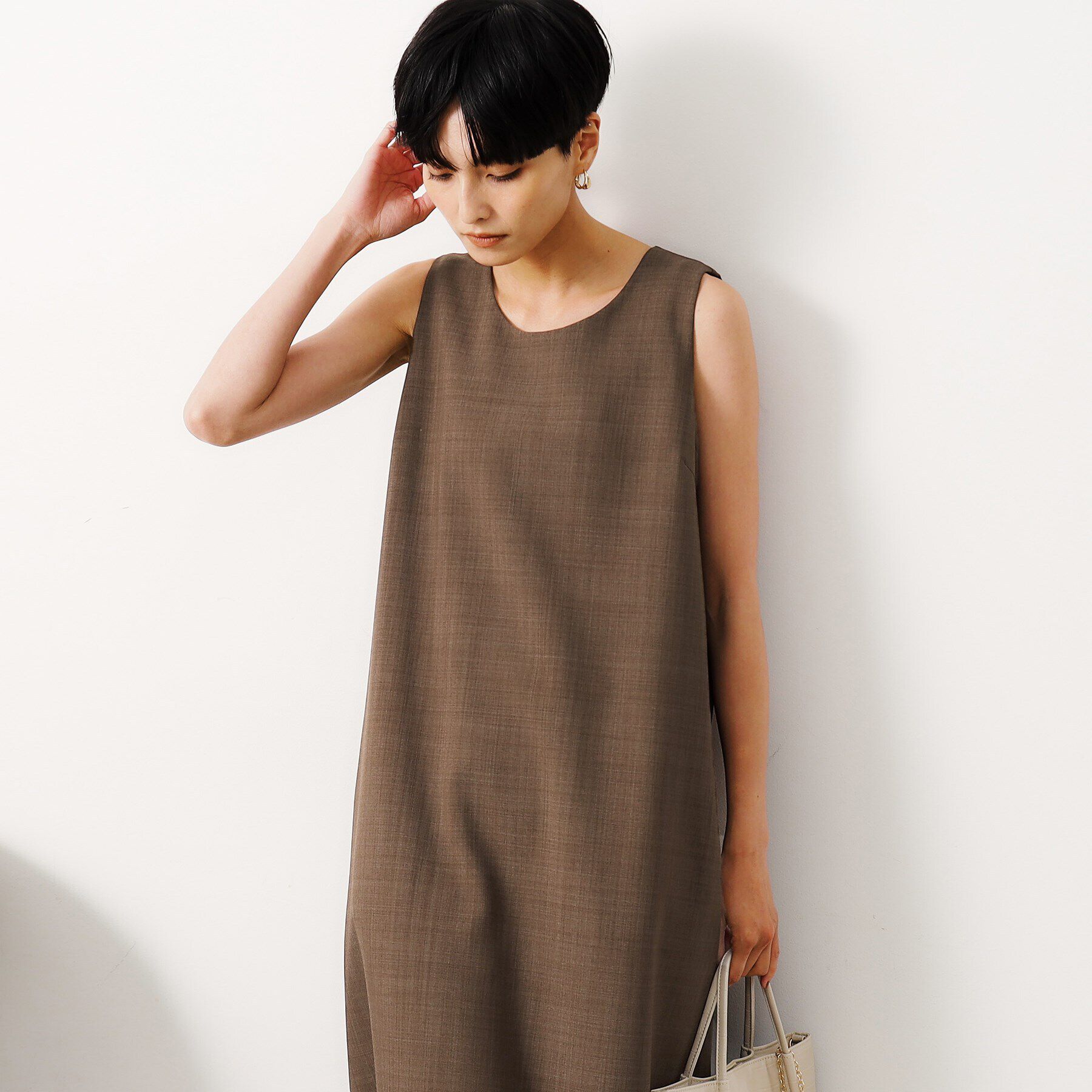 OPAQUE.CLIP「【ツインセット】メッシュニット&times;ノースリーブワンピース【洗濯機洗い可】」|ワンピース|ブラウン(044)