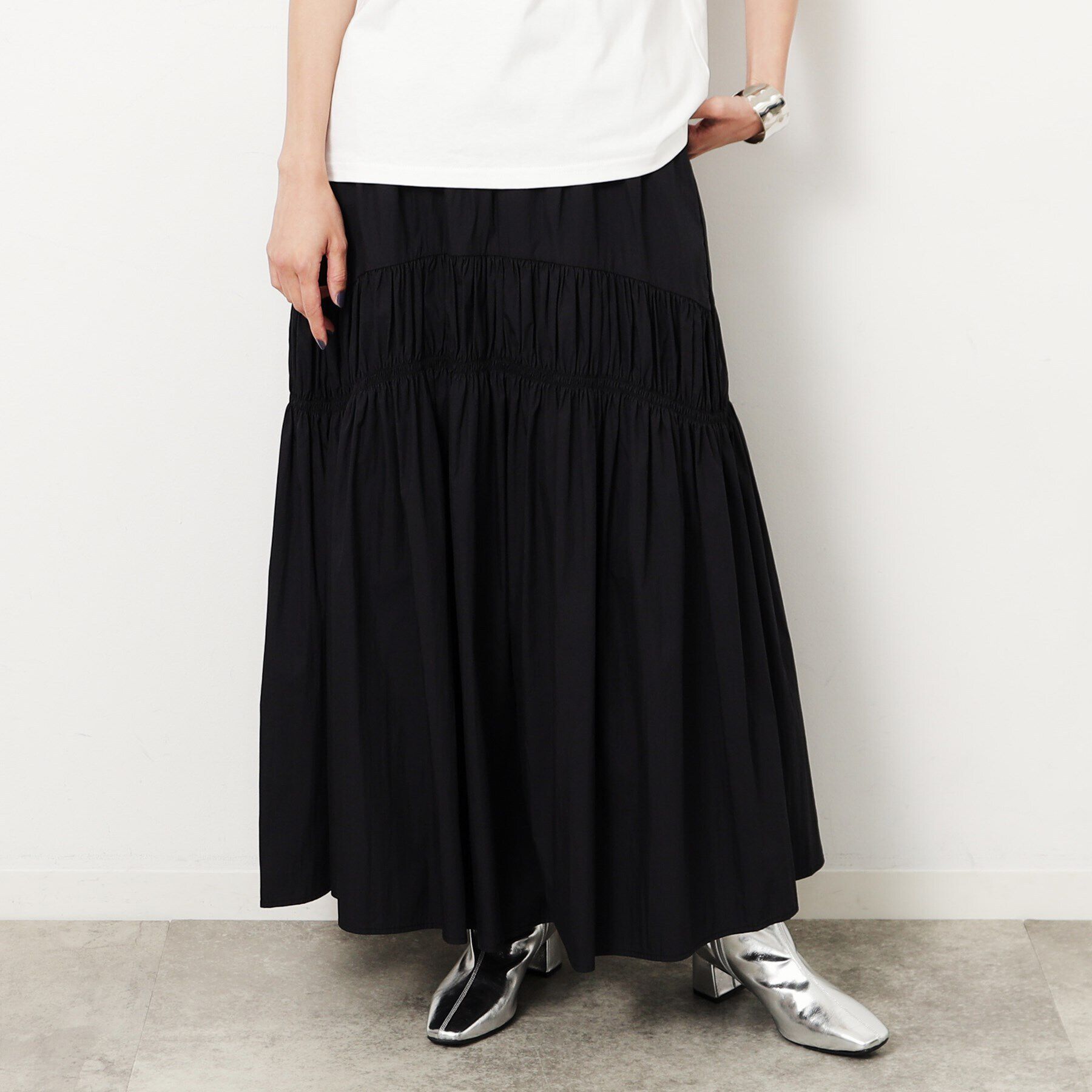 OPAQUE.CLIP「シャーリング切替ボリュームフレアスカート【洗濯機洗い可】」|スカート|ブラック(019)