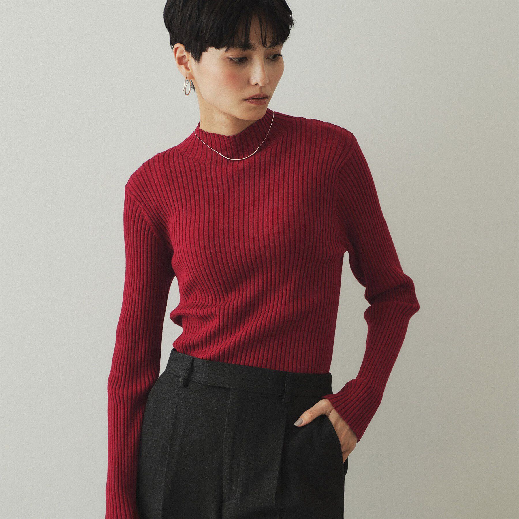 OPAQUE.CLIP「《5color/S-LLsize》もちもちハイネックリブニット【洗濯機洗い可】」|ニット・セーター|ボルドー(064)