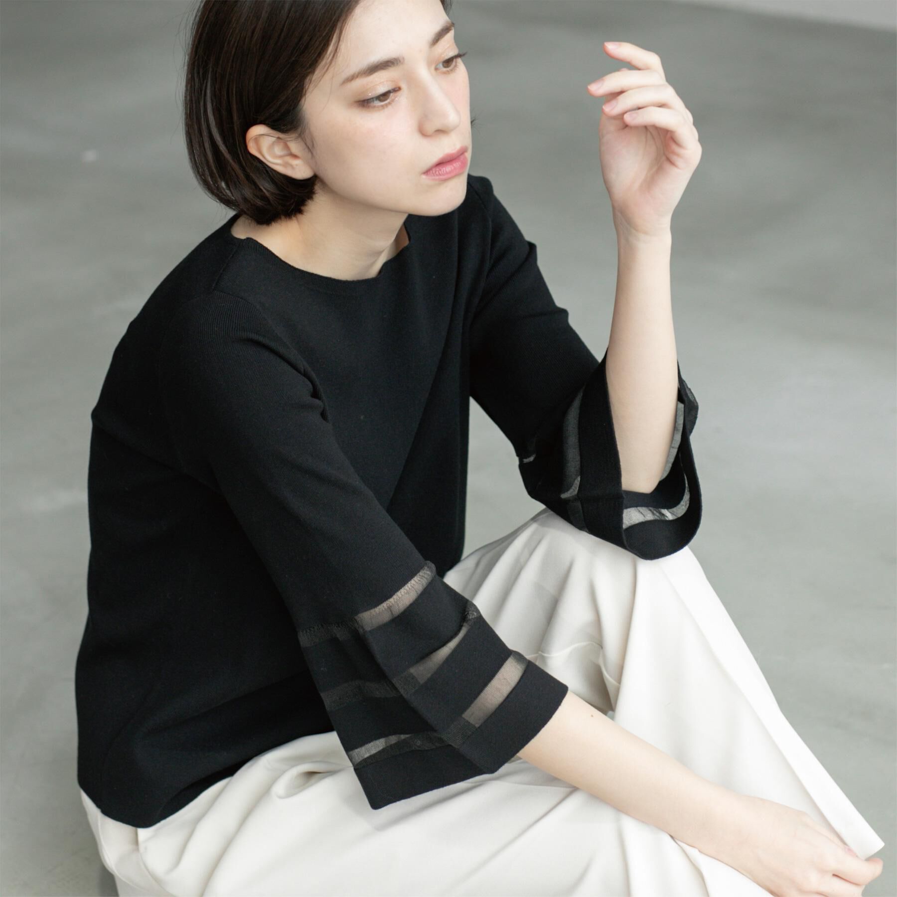 OPAQUE.CLIP「《6色展開》シアーボーダーフレアスリーブニット【洗濯機洗い可】」|ニット・セーター|