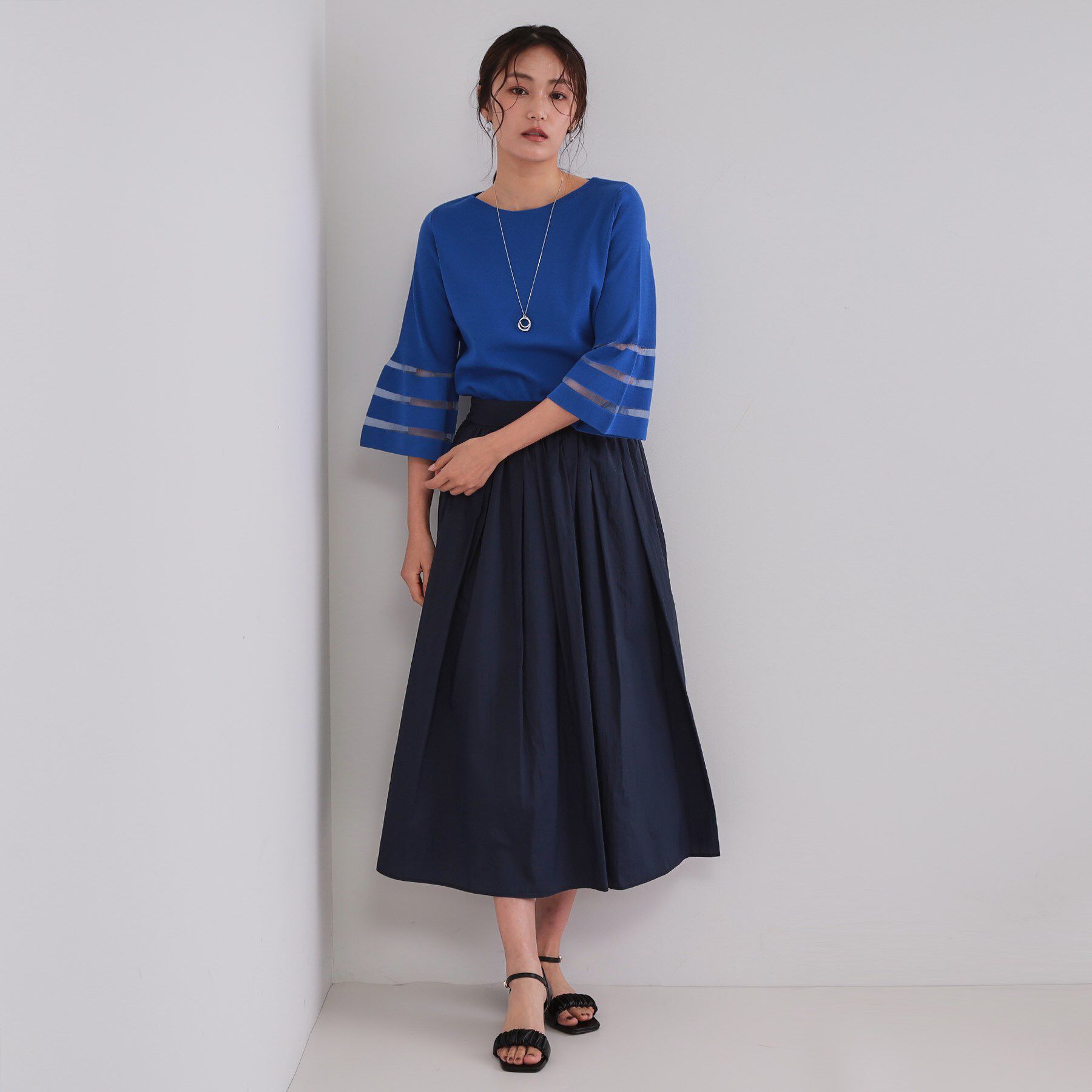 OPAQUE.CLIP「《6色展開》シアーボーダーフレアスリーブニット【洗濯機洗い可】」|ニット・セーター|