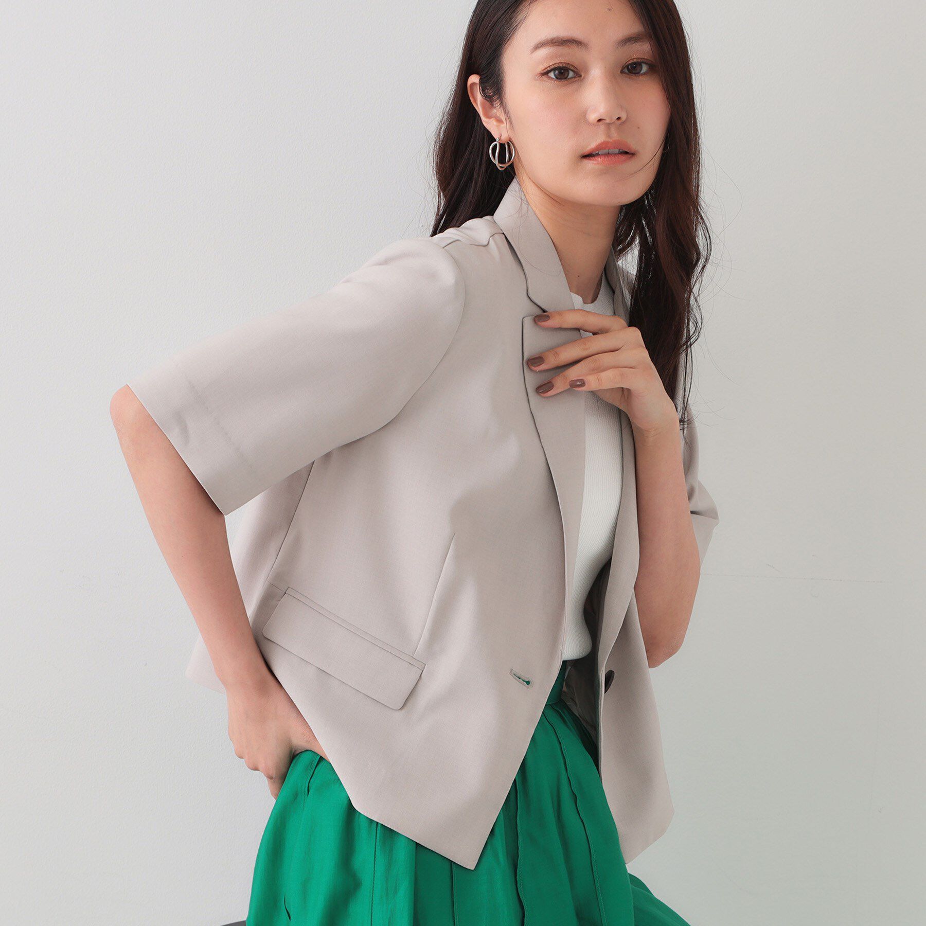 OPAQUE.CLIP「ストレッチリネンライクショートテーラードジャケット【UV/洗濯機洗い可/抗ピル】」|テーラードジャケット|