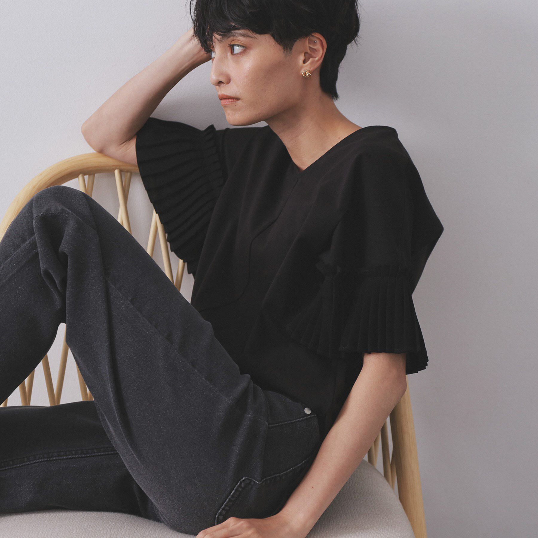 OPAQUE.CLIP「プリーツスリーブドッキングトップス【洗濯機洗い可】」|Tシャツ・カットソー|ブラック(019)