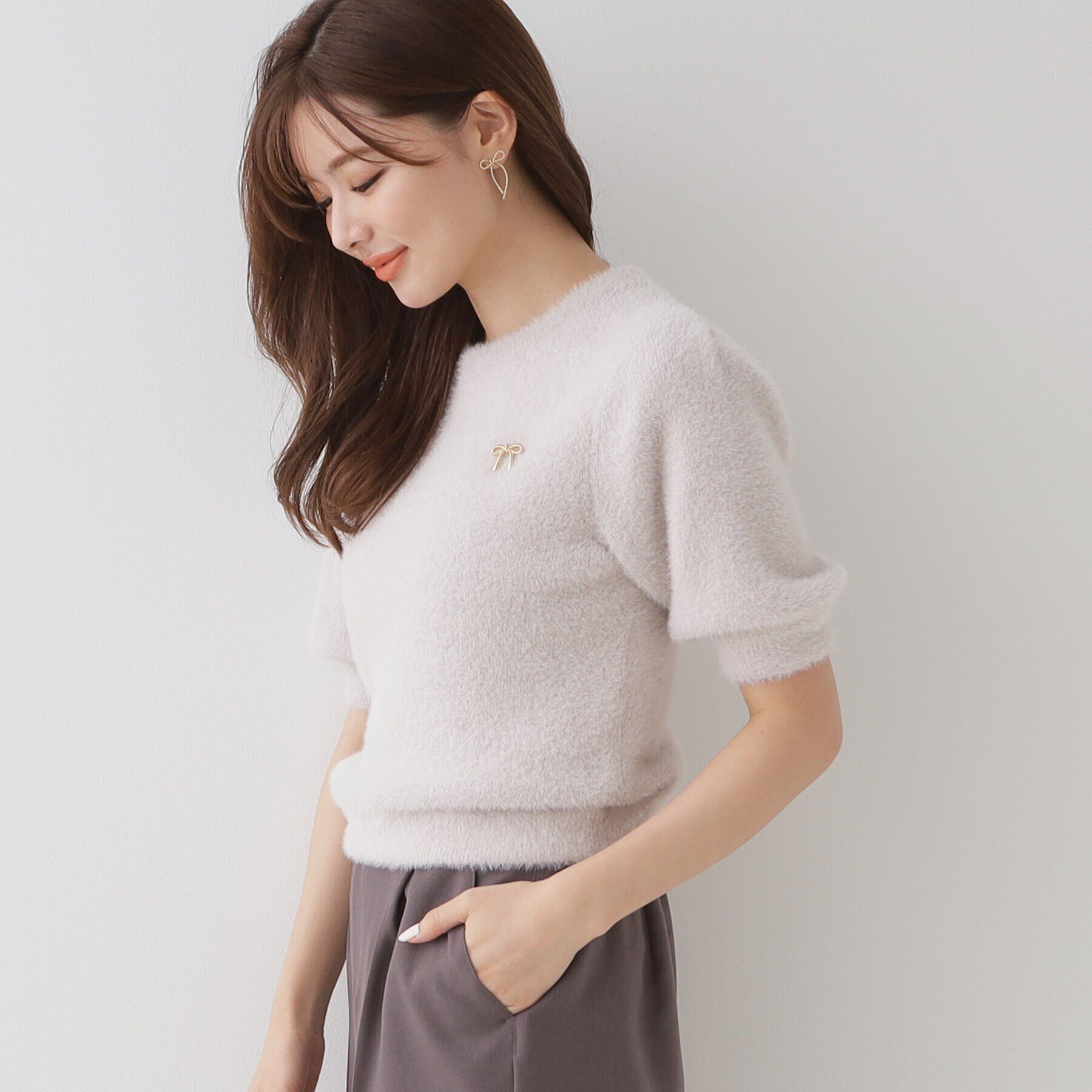 Couture broach「リボン付きラメフェザー5分袖ニット」|ニット・セーター|
