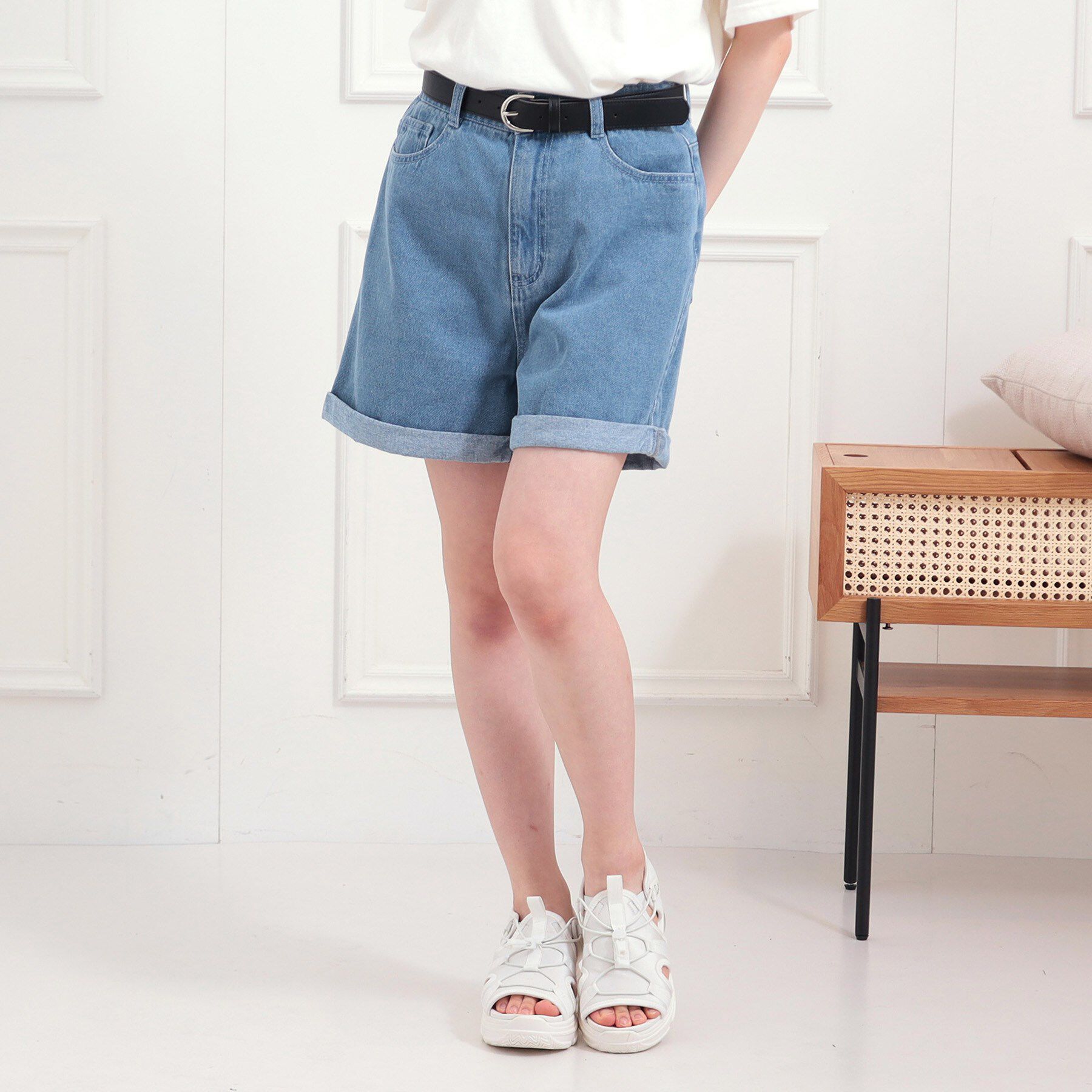 PINK-latte「ベルト付きデニムショートパンツ」|キュロット|ブルー(493)