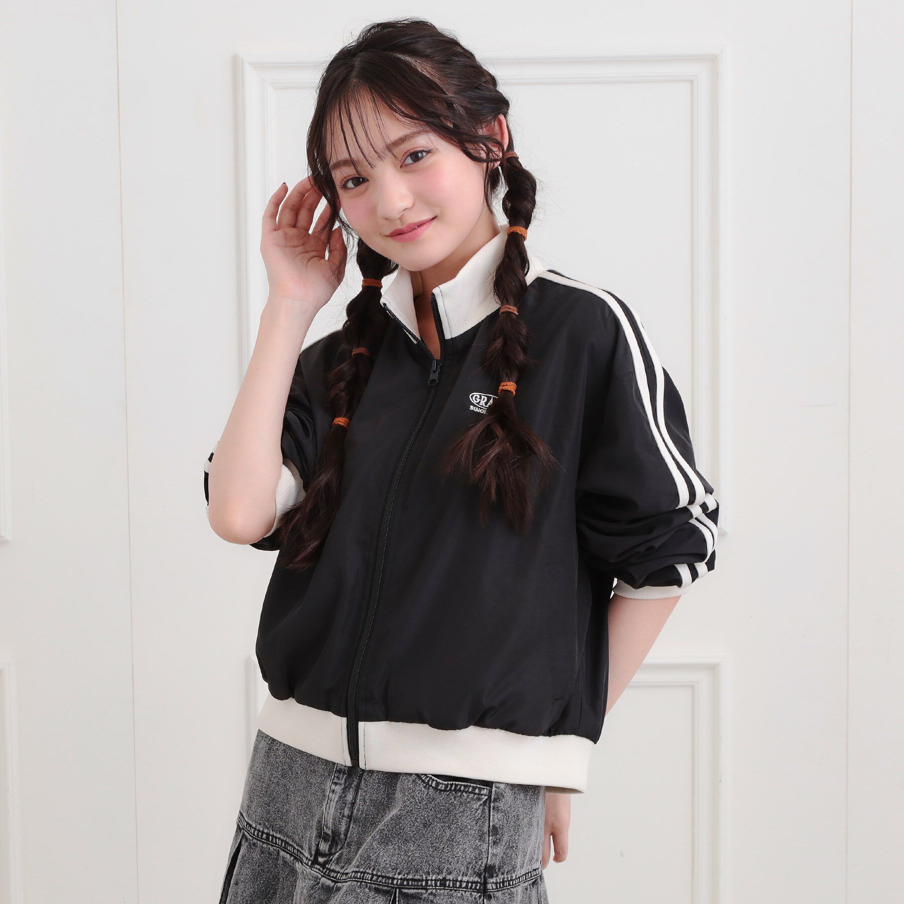 PINK-latte「ライントラックジャケット」|ブルゾン・スタジャン|ブラック(019)