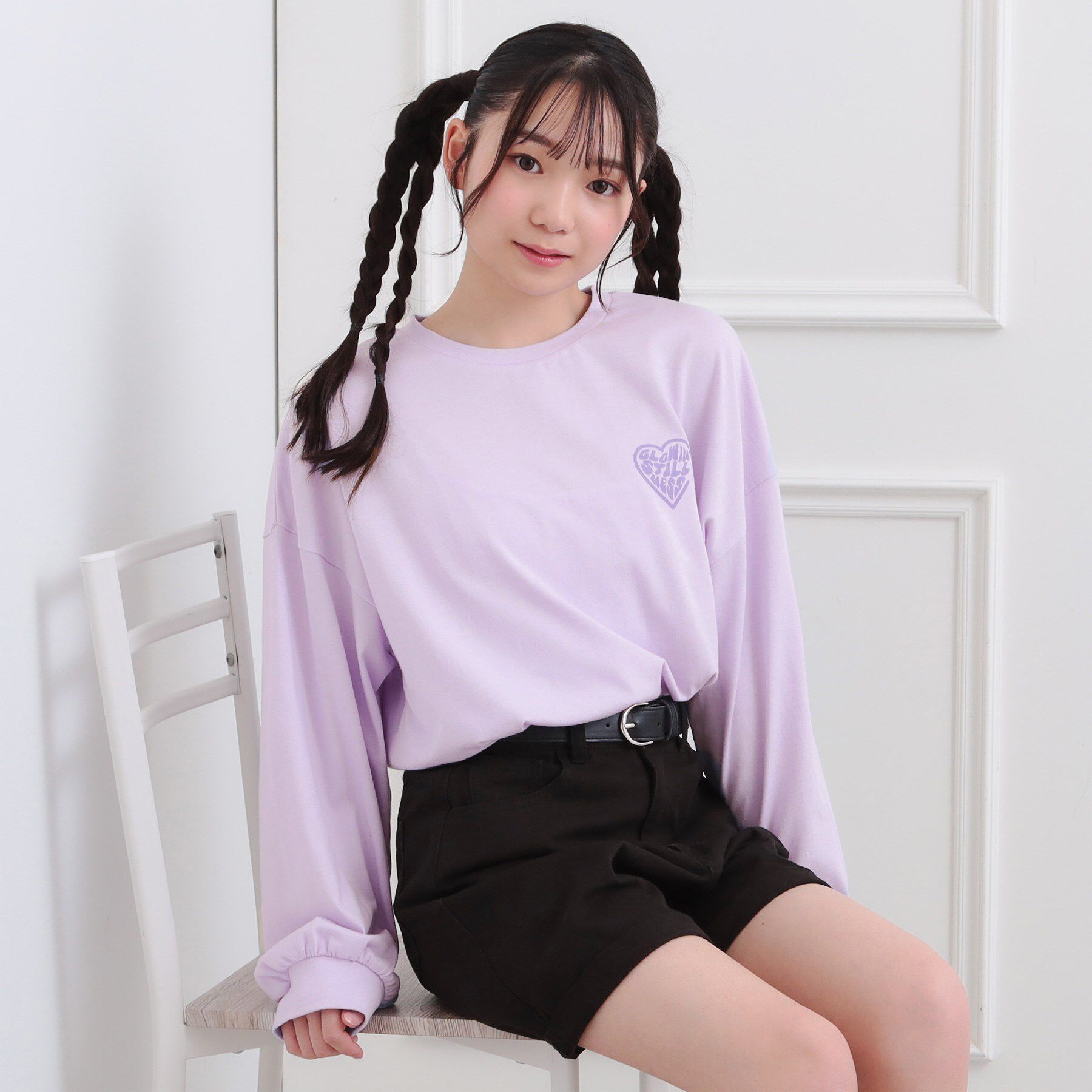 PINK-latte「メルトハートビッグチュニックロンT」|Tシャツ・カットソー|ラベンダー(080)