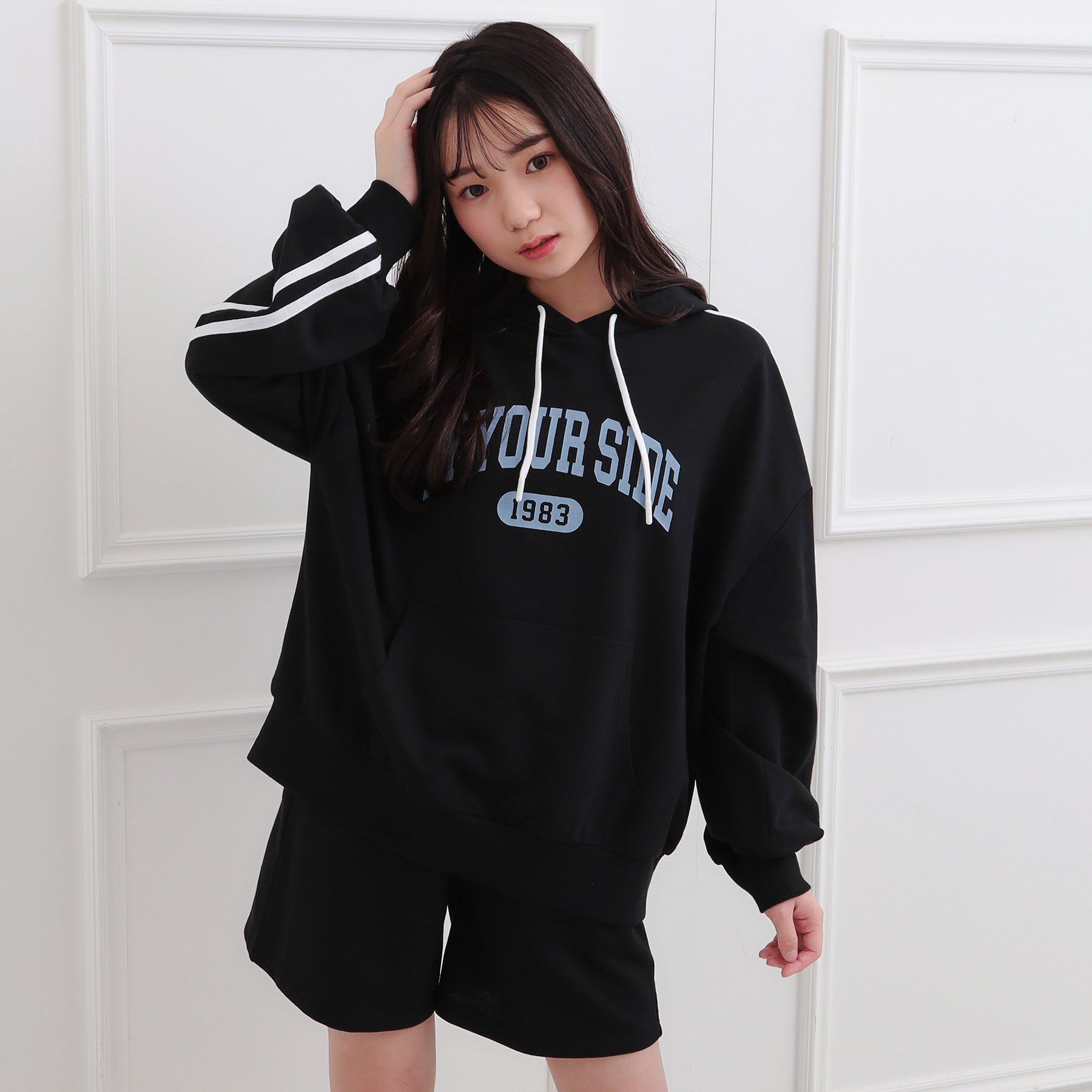 PINK-latte「袖ラインパーカ＋ショートパンツセット」|その他|ブラック(019)