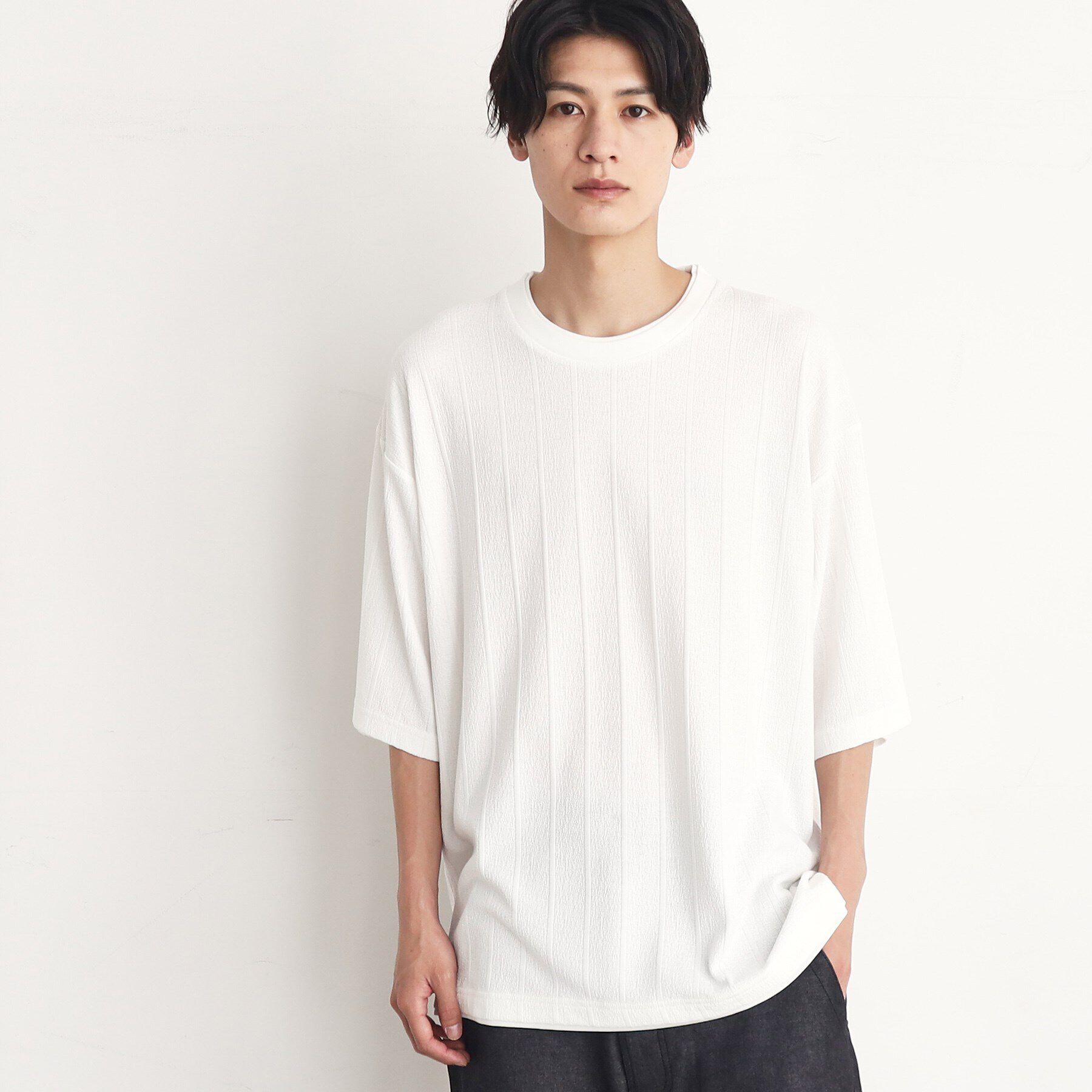 THE SHOP TK「【ビッグシルエット】ストライプジャカードフェイクレイヤードTシャツ」|Tシャツ・カットソー|オフホワイト(003