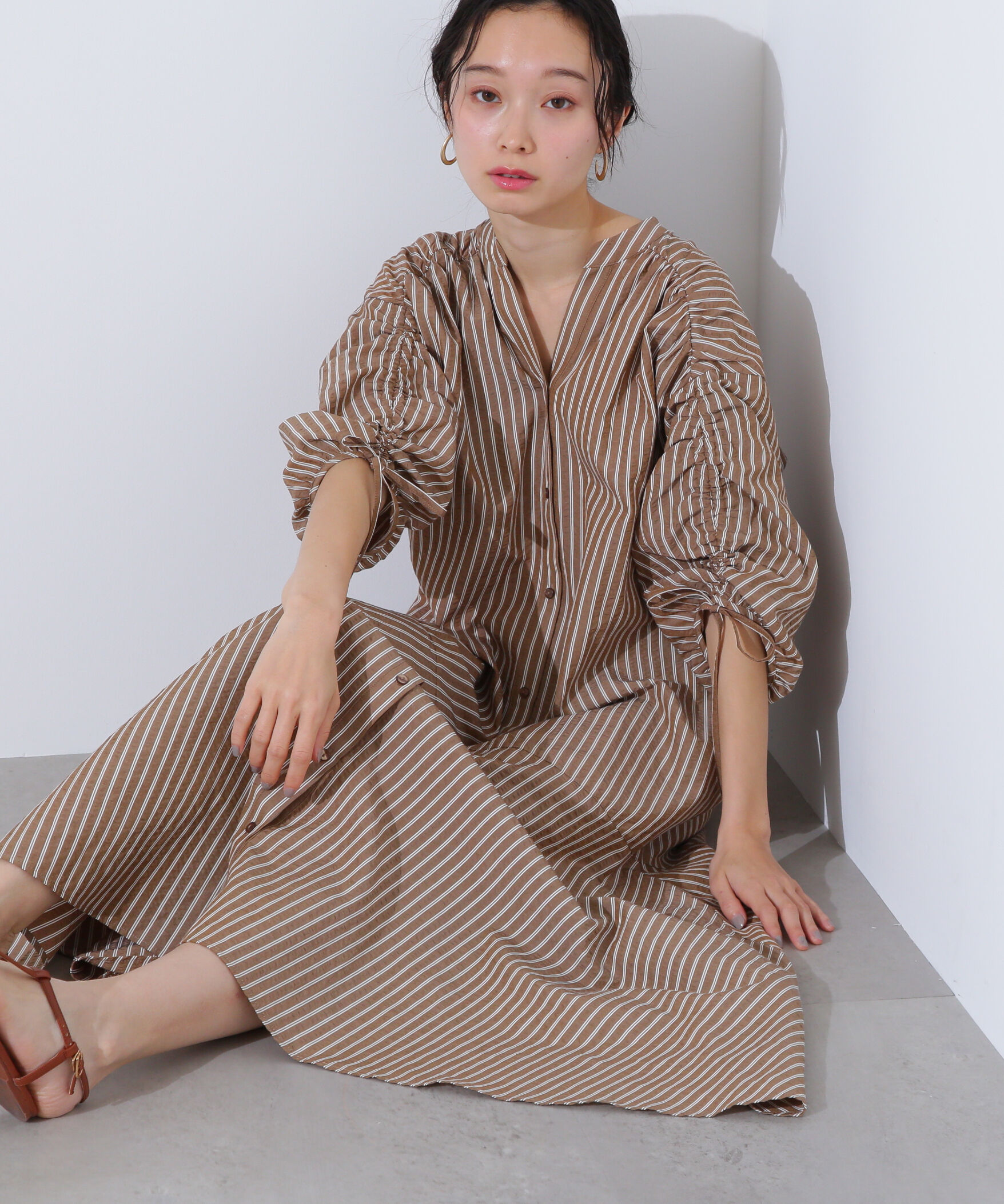  「ストライプドロストワンピース」|ワンピース|ブラウン2