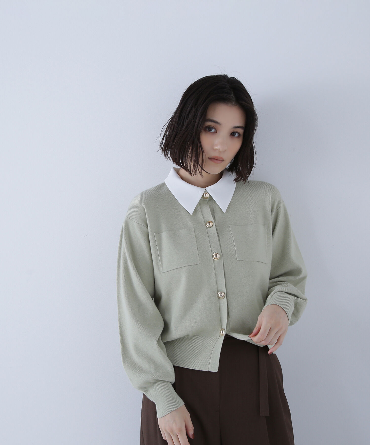  「2wayカラーニットジャケット」|ニット・セーター|ライトグリー