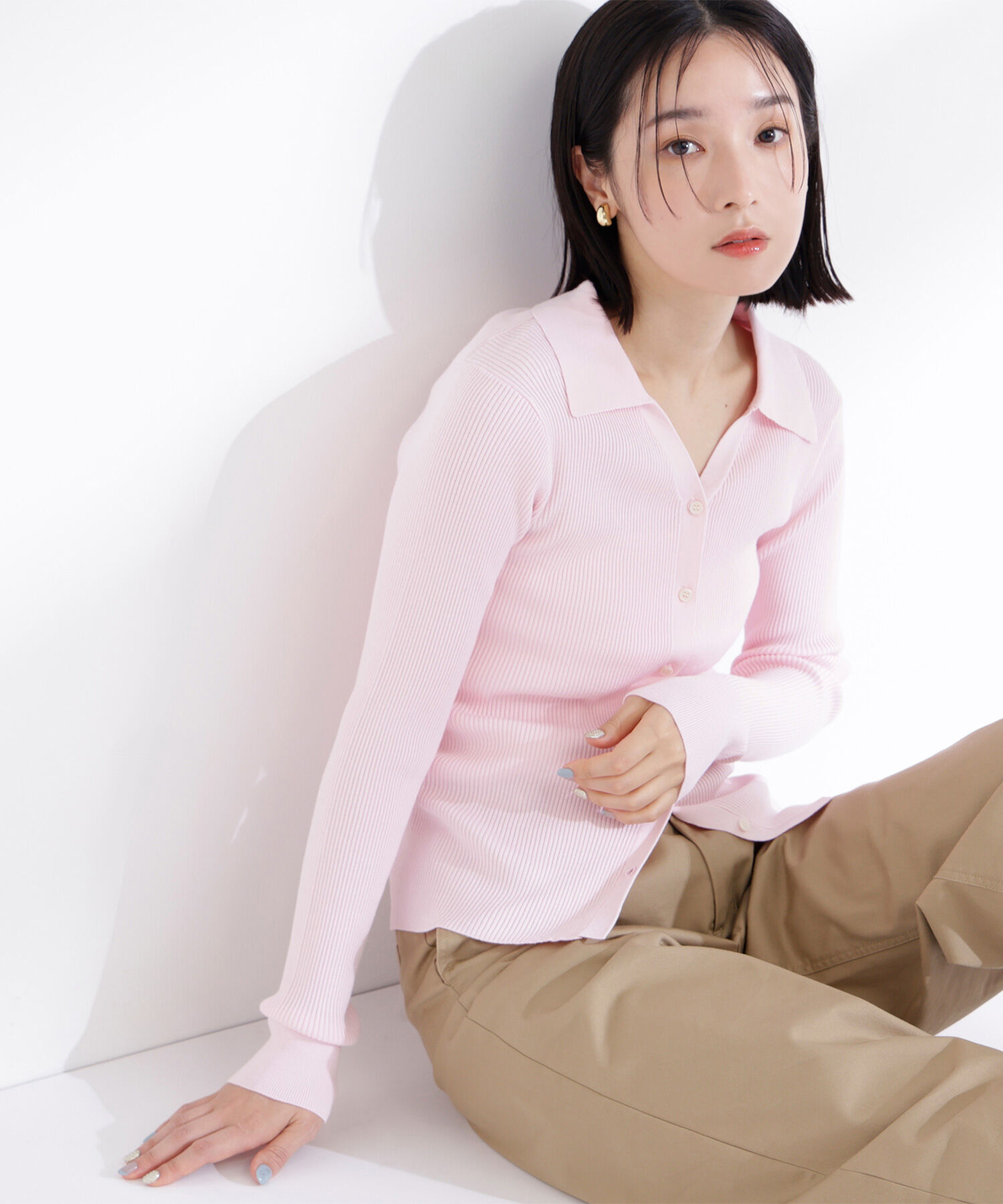  「襟付Vネックリブニット」|ニット・セーター|ピンク