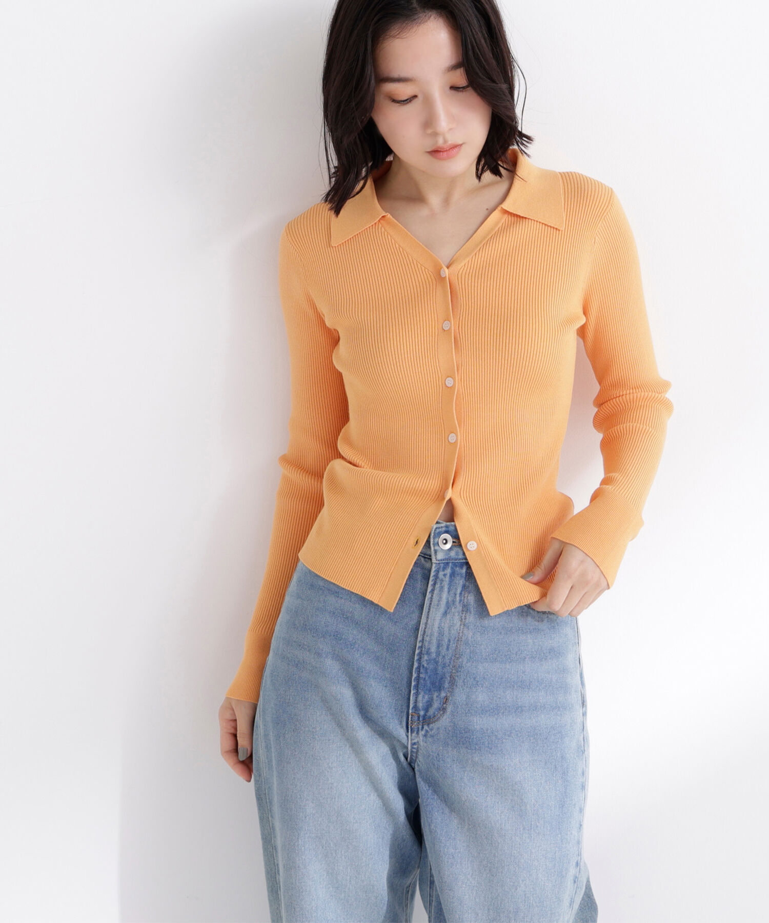  「襟付Vネックリブニット」|ニット・セーター|オレンジ