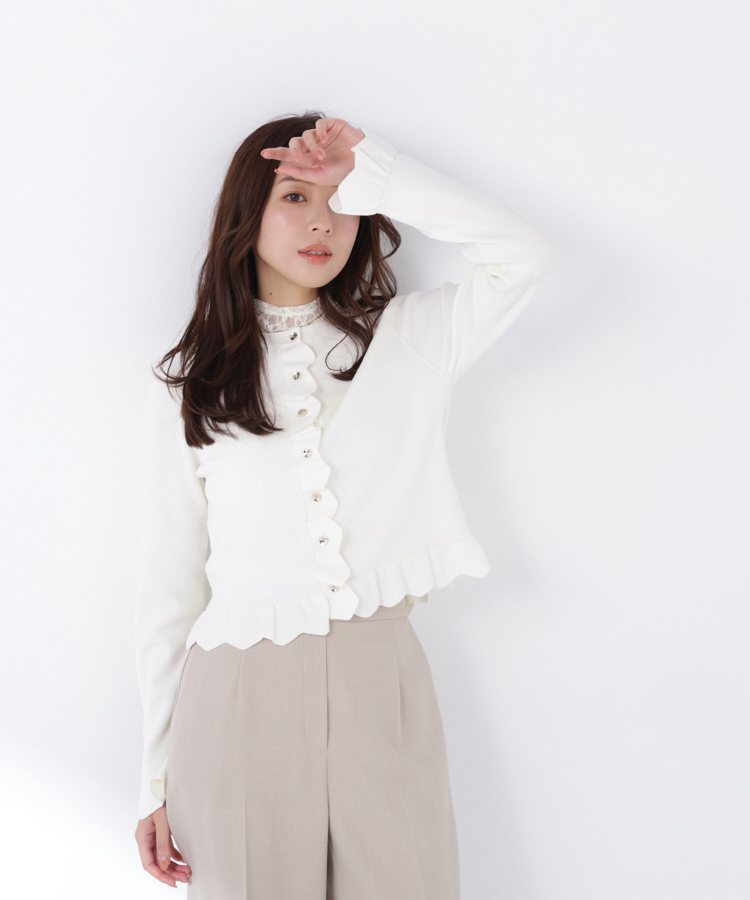  「メタルボタンフリルカーディガン」|ニット・セーター|