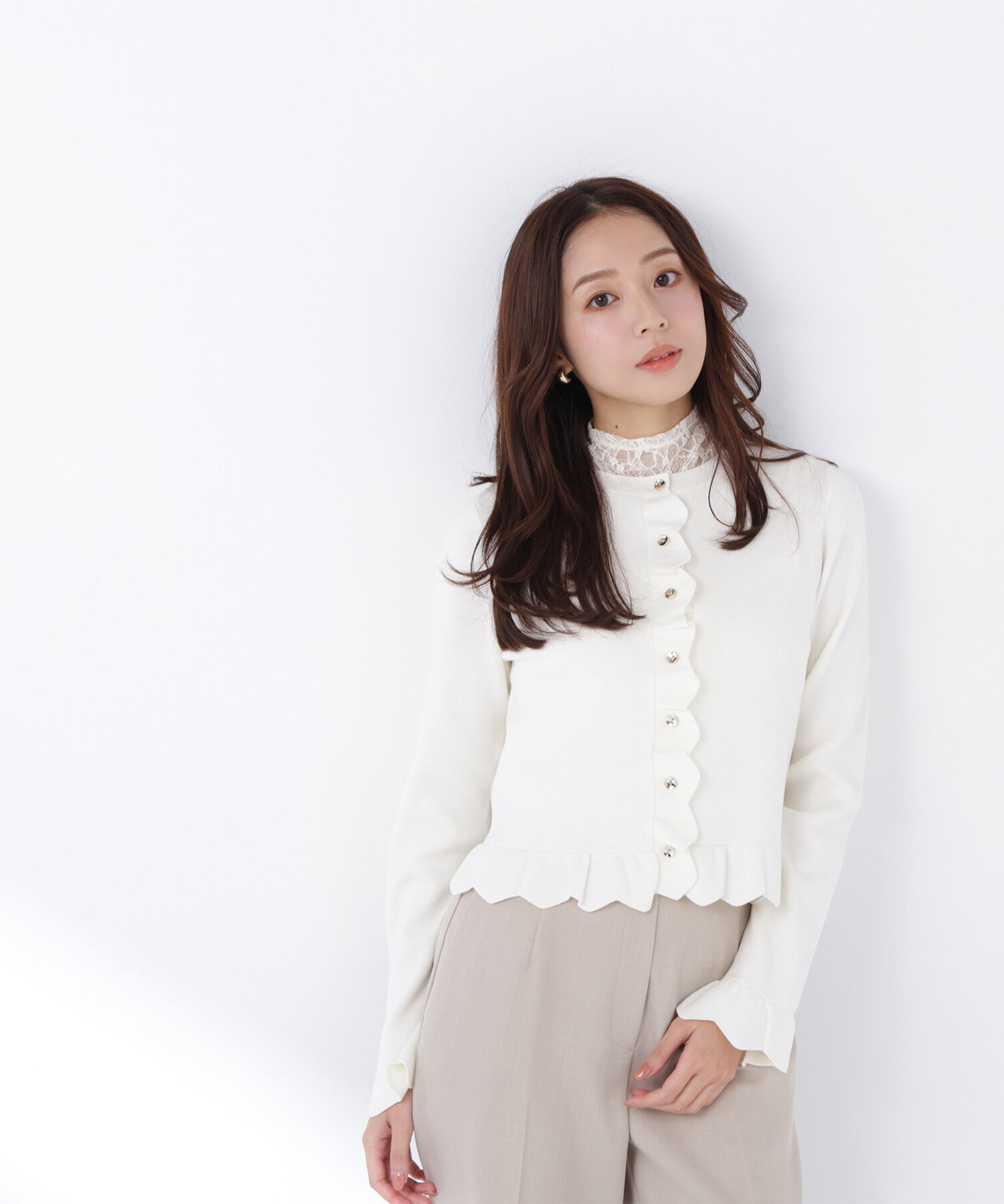  「メタルボタンフリルカーディガン」|ニット・セーター|