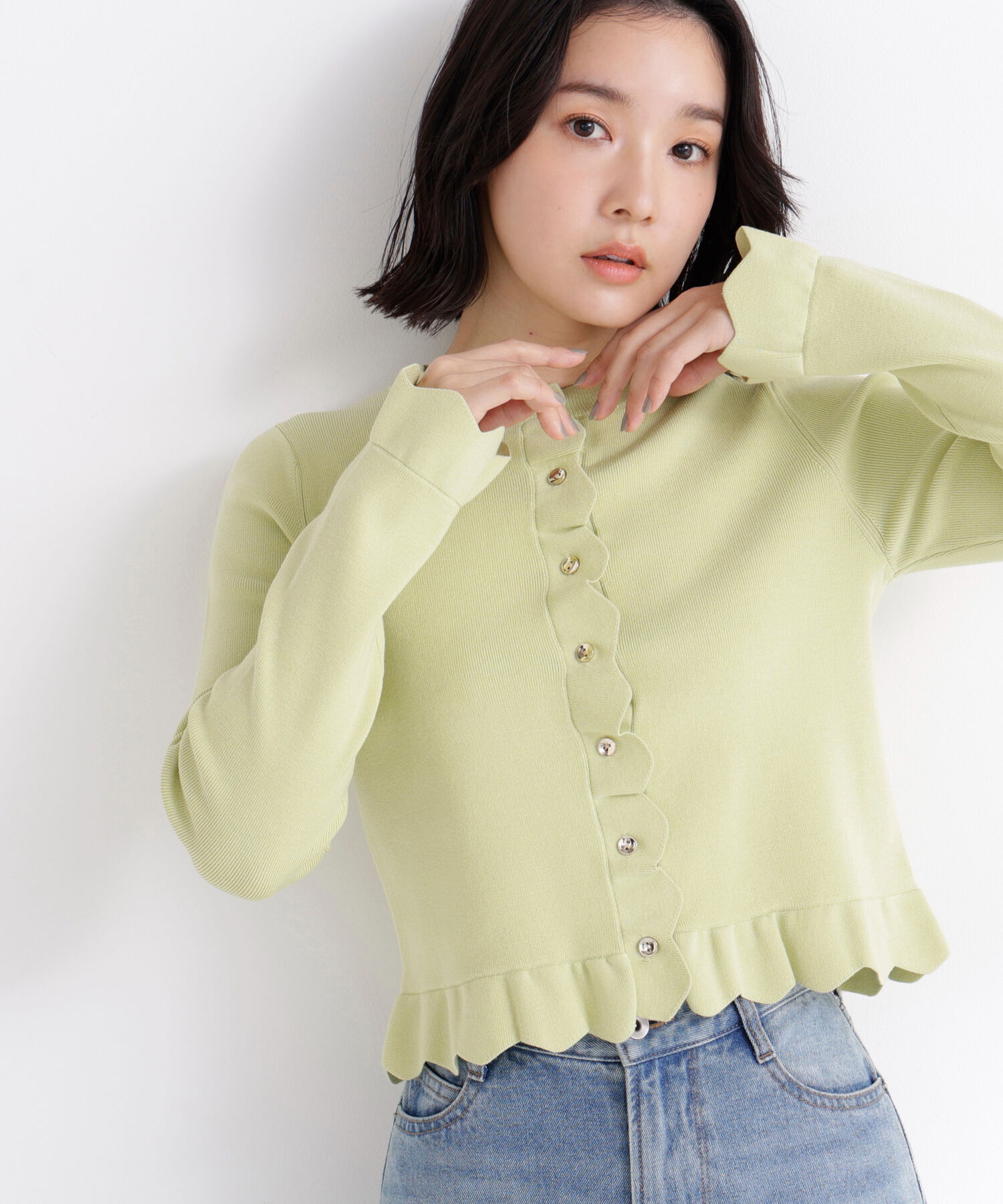  「メタルボタンフリルカーディガン」|ニット・セーター|ライトグリー