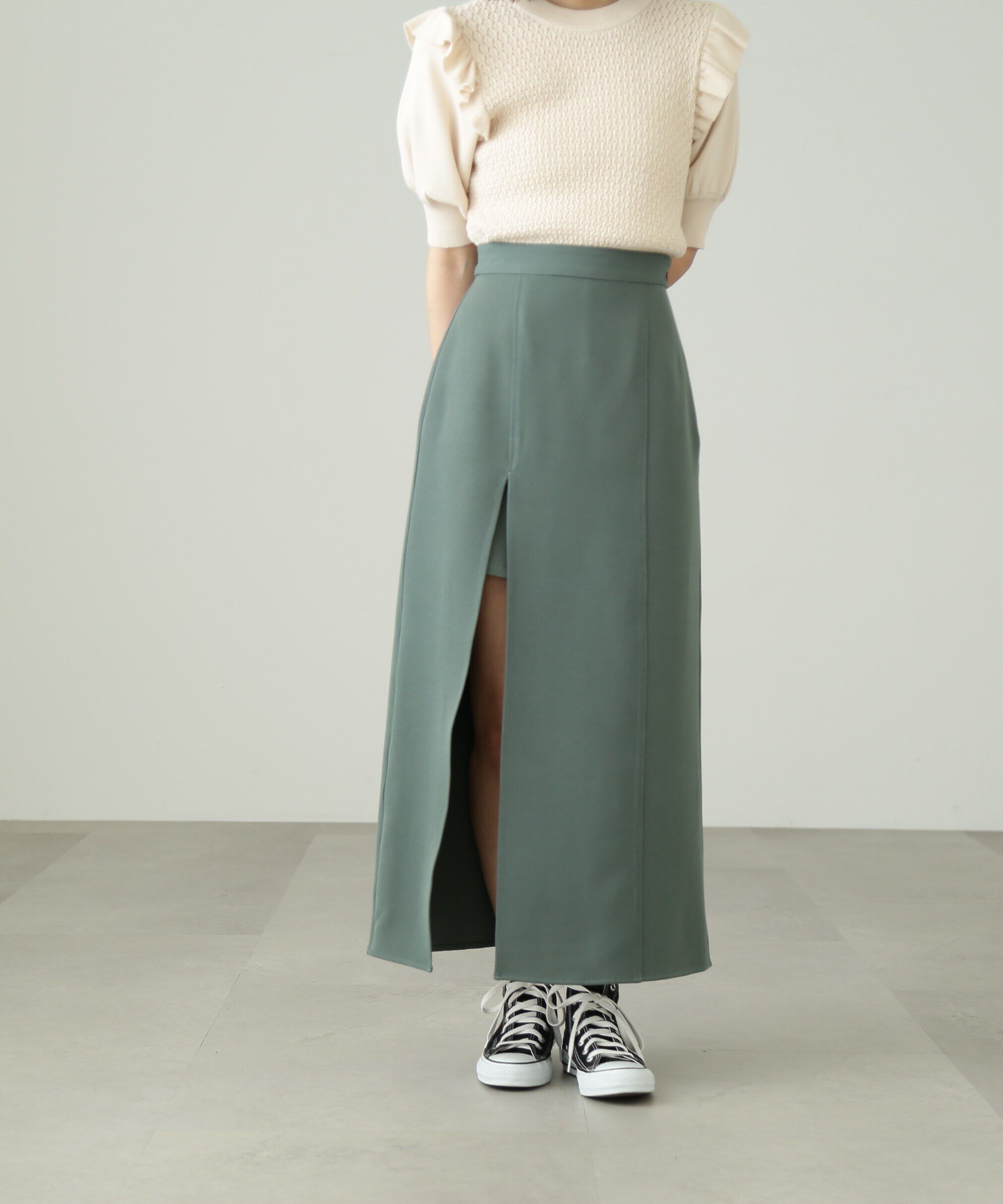  「深スリットレイヤードスカート」|スカート|グリーン
