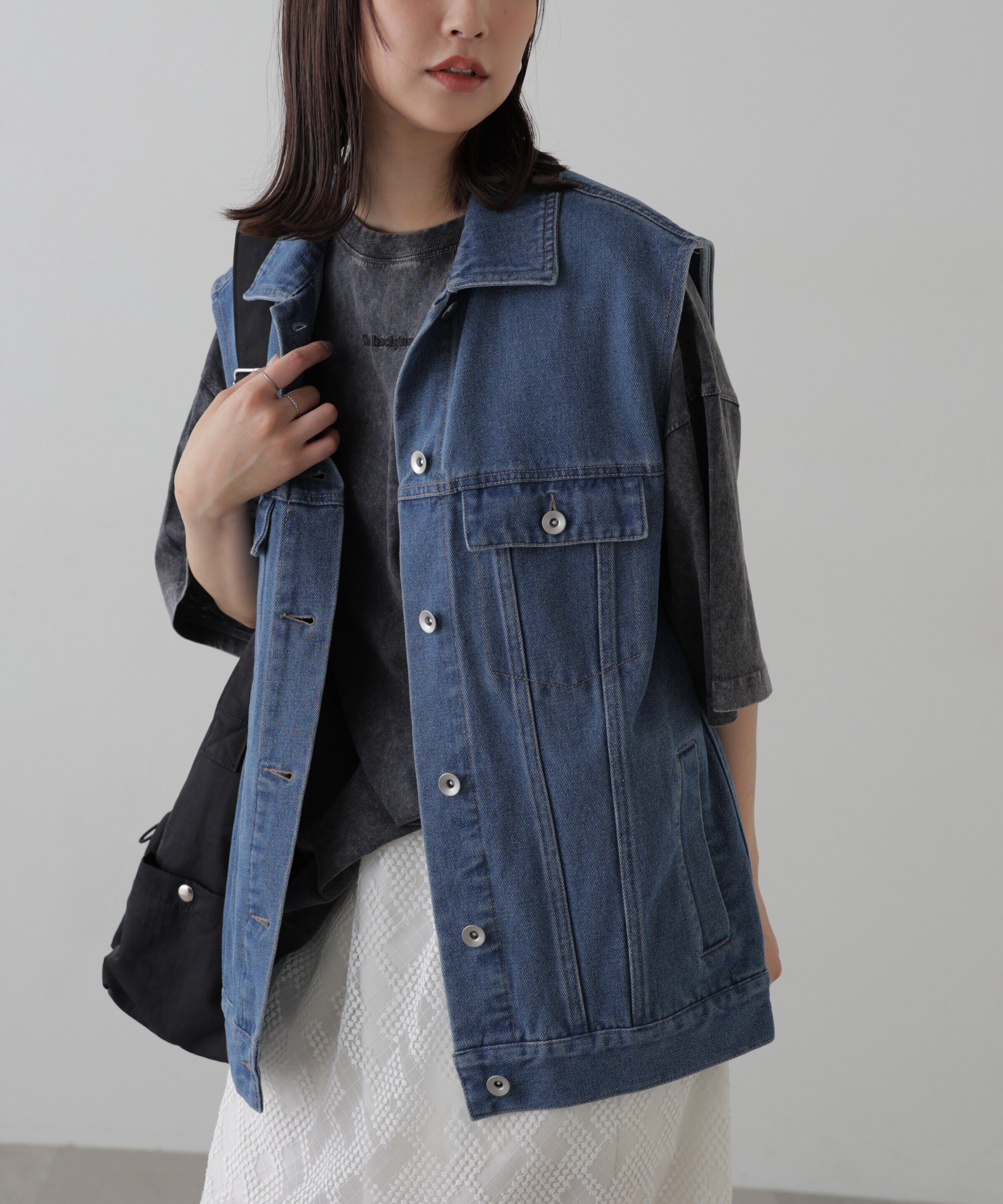  「ミドル丈デニムベスト」|ブルゾン・スタジャン|