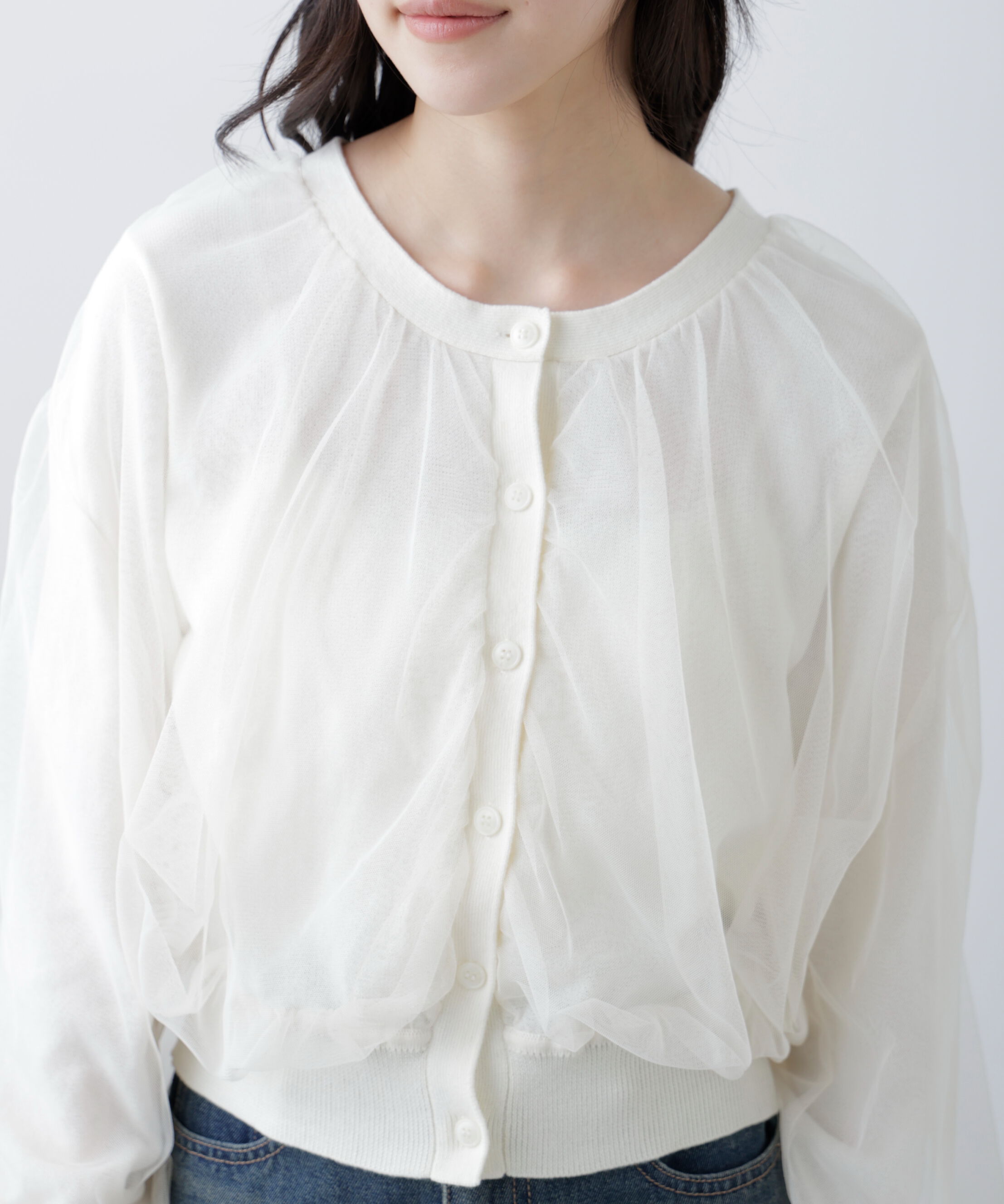  「チュールレイヤードクルーネックニットカーディガン」|ニット・セーター|