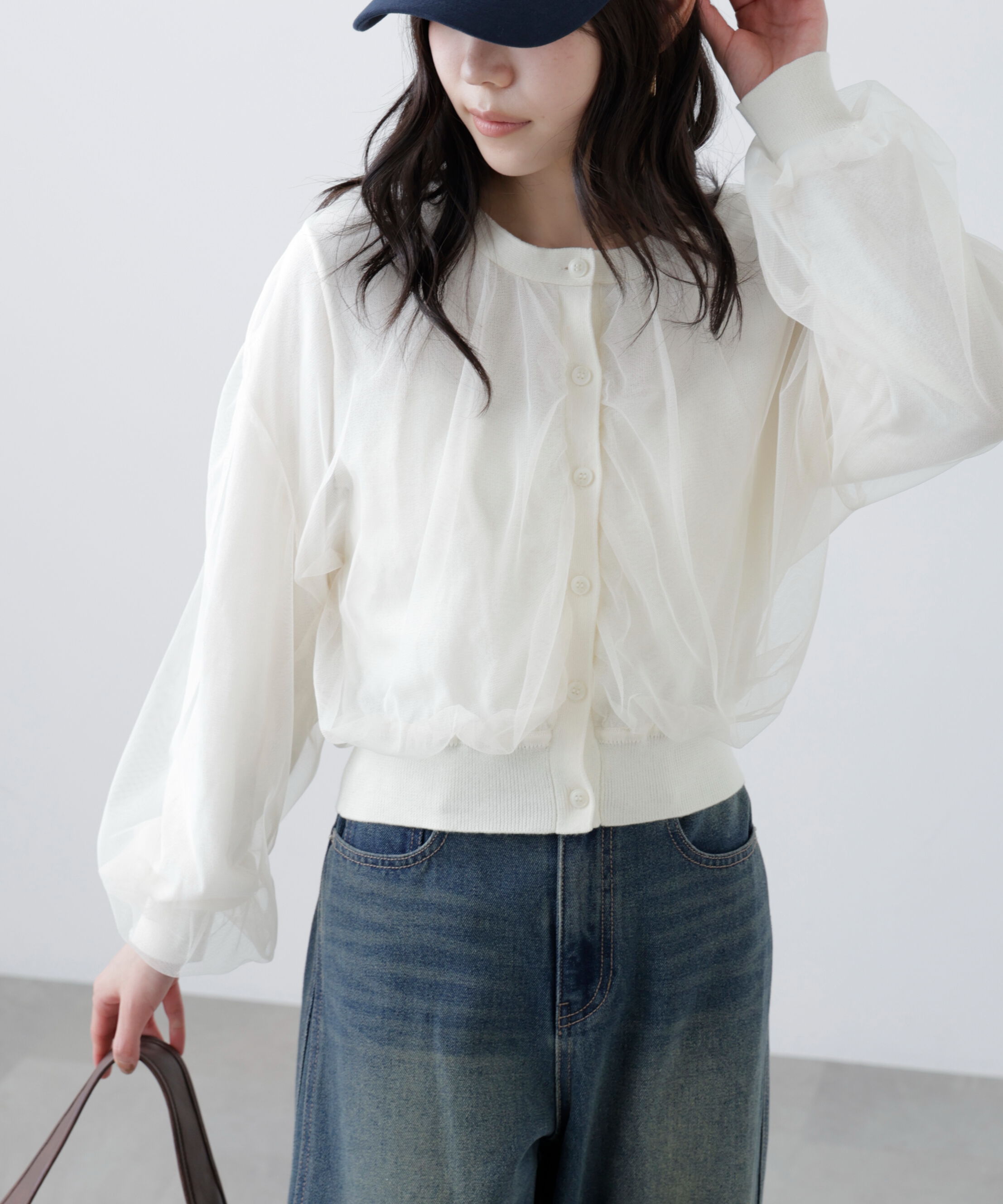  「チュールレイヤードクルーネックニットカーディガン」|ニット・セーター|