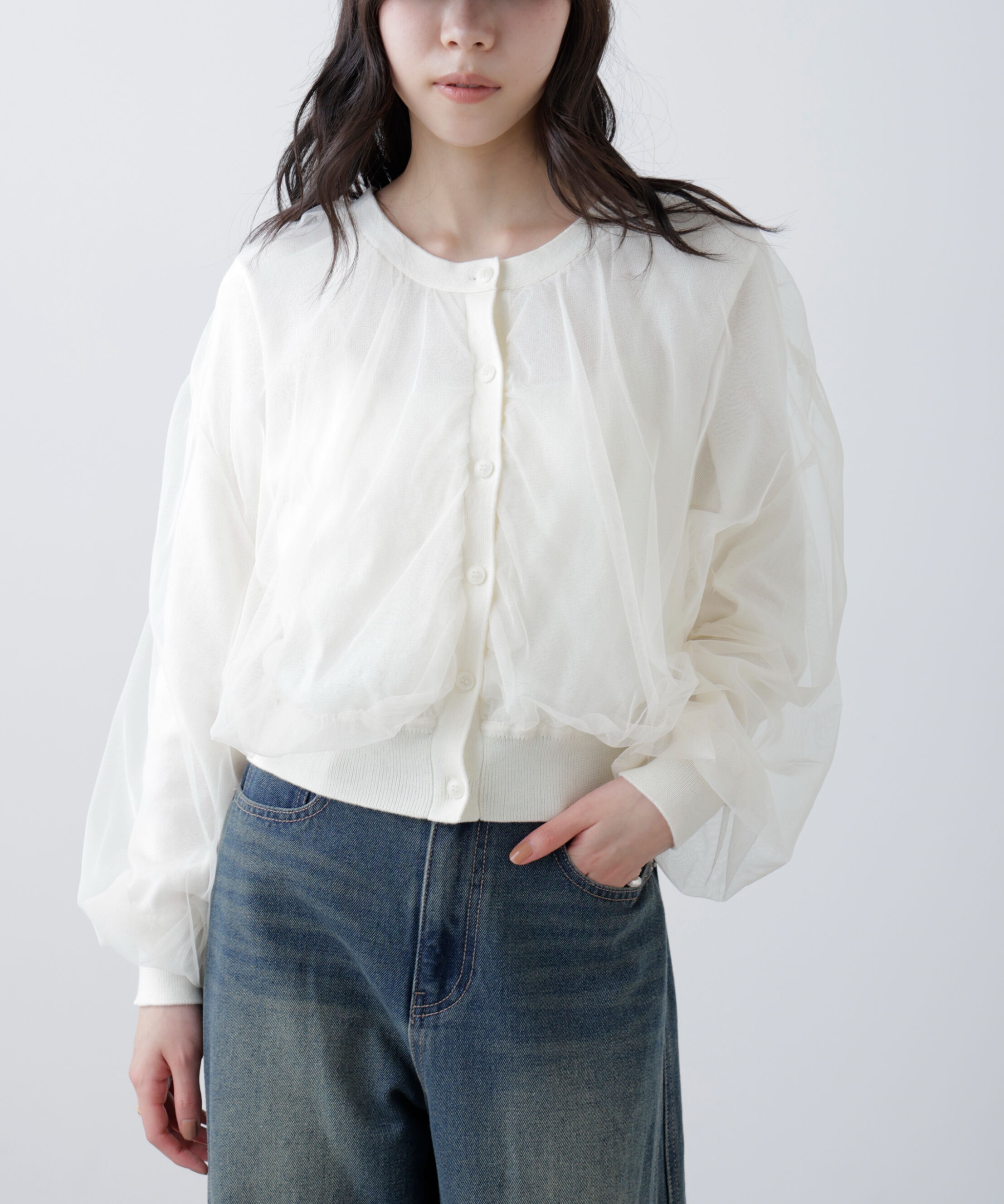  「チュールレイヤードクルーネックニットカーディガン」|ニット・セーター|