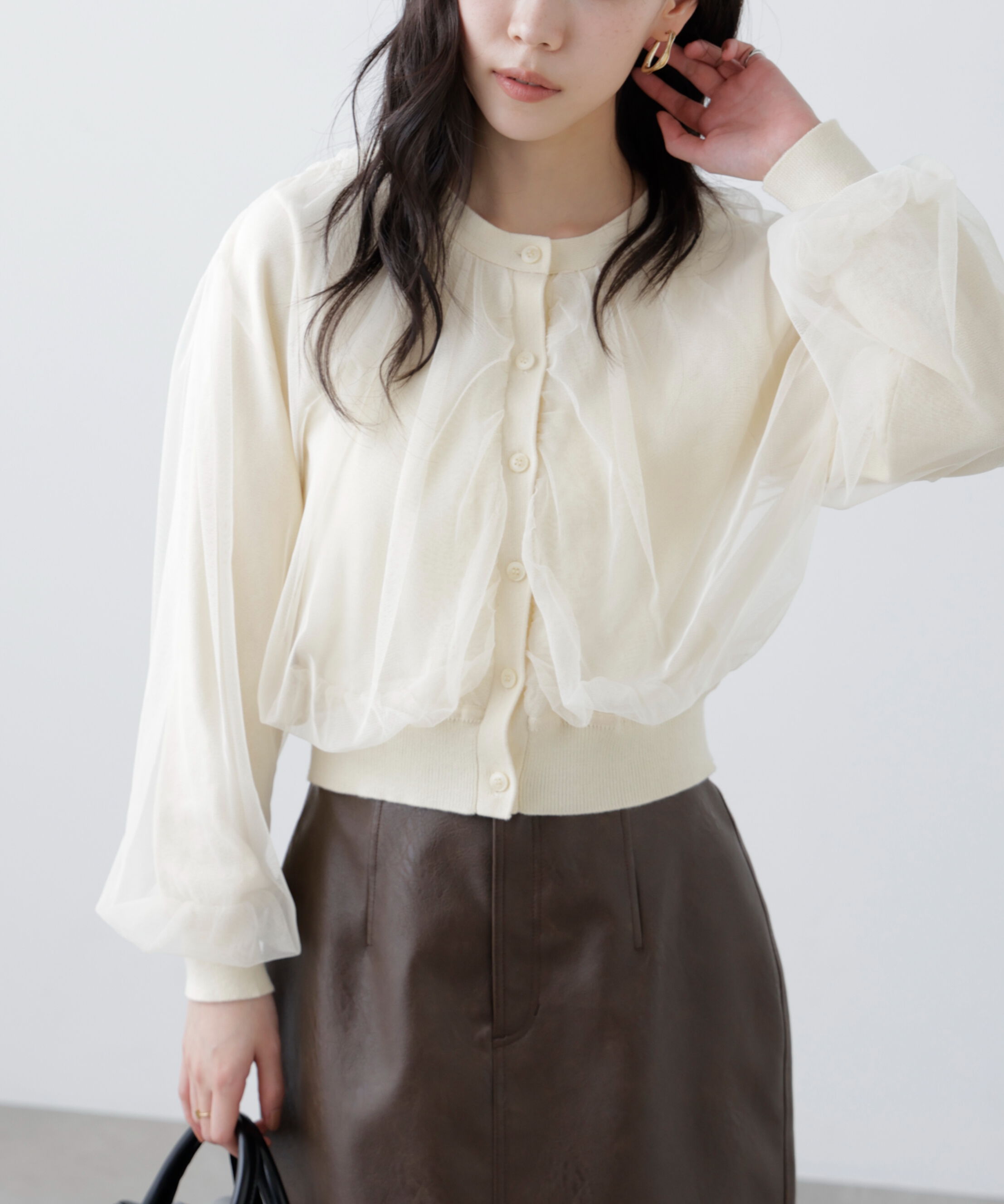  「チュールレイヤードクルーネックニットカーディガン」|ニット・セーター|