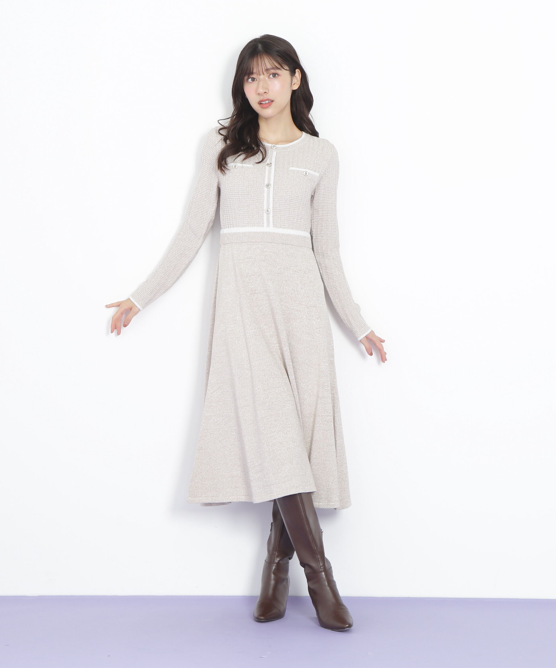  「ラメツイード配色ニットワンピース」|ワンピース|