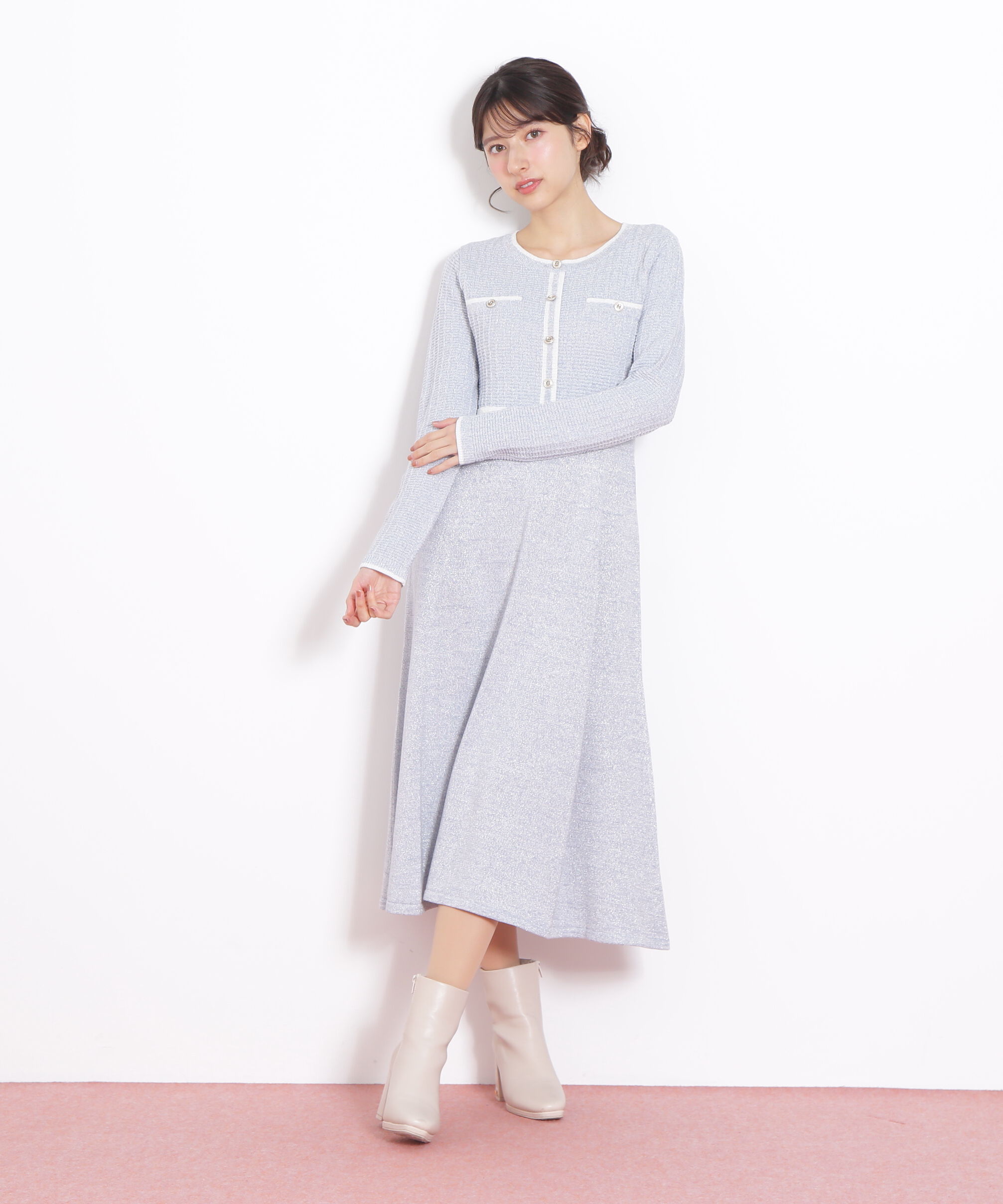  「ラメツイード配色ニットワンピース」|ワンピース|